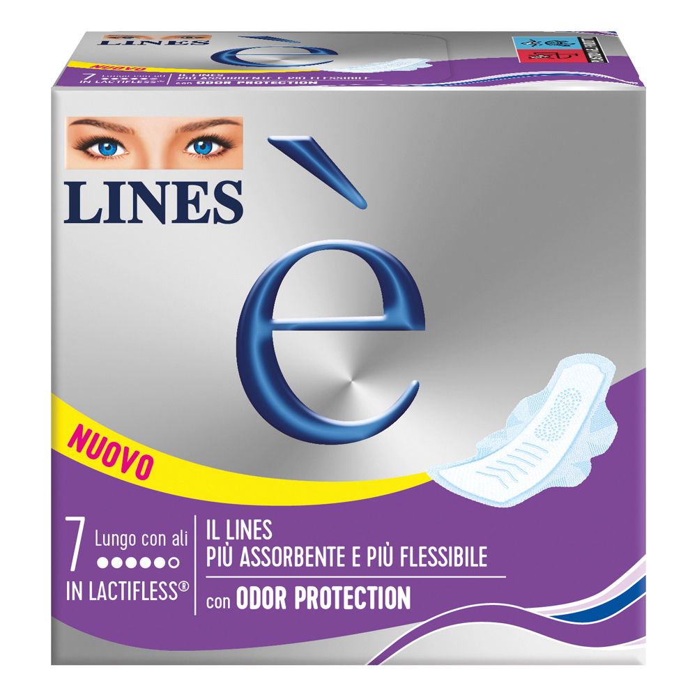 Confezione LINES è con assorbenti. Con ali e protezione odori. Contiene 7 pezzi.