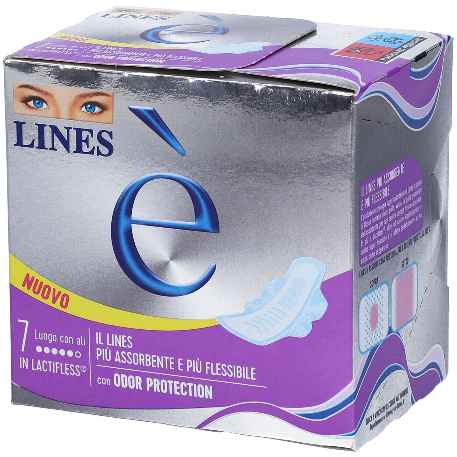 Confezione LINES è con assorbenti. Con ali e protezione odori. Contiene 7 pezzi.