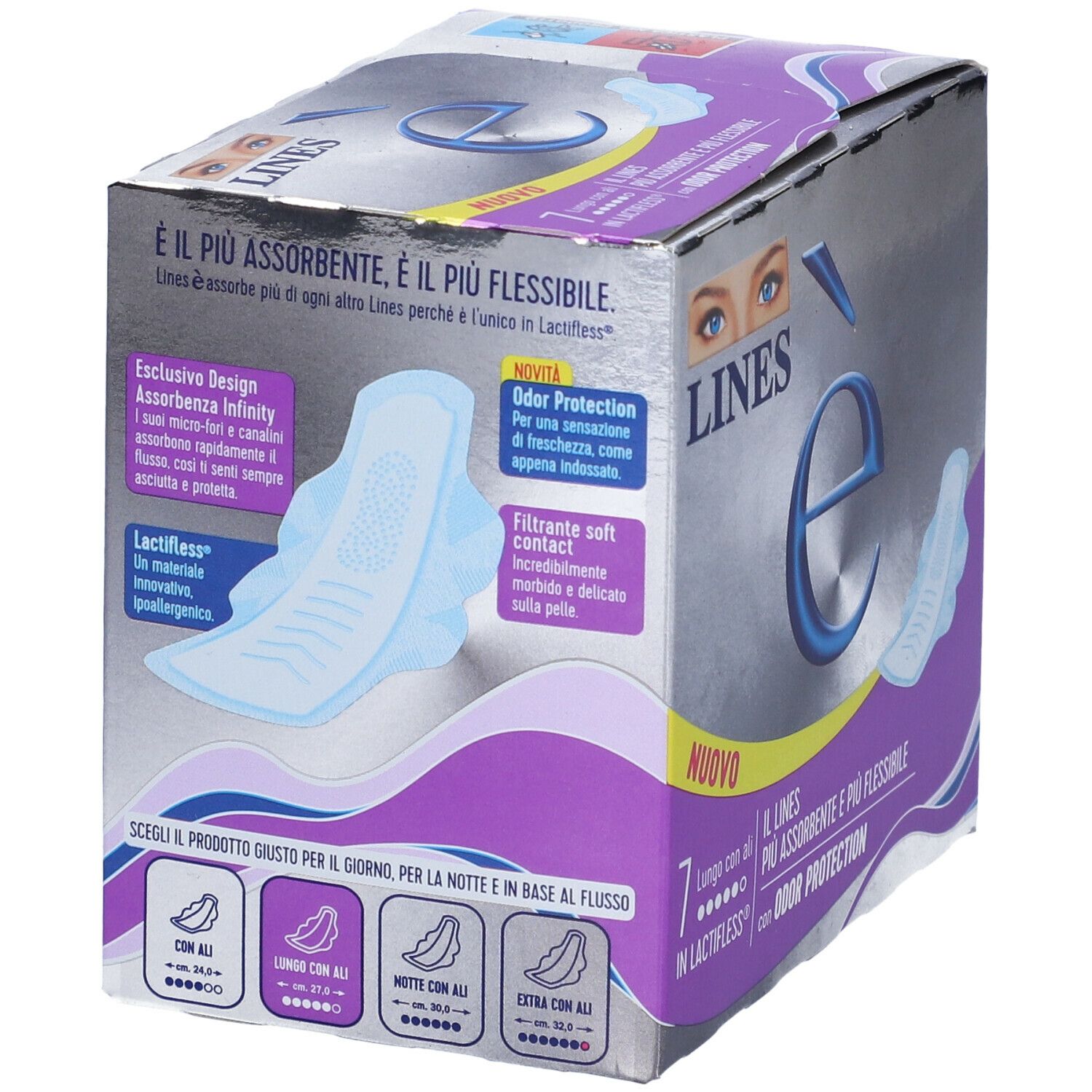 Confezione LINES è con assorbenti. Con ali e protezione odori. Contiene 7 pezzi.