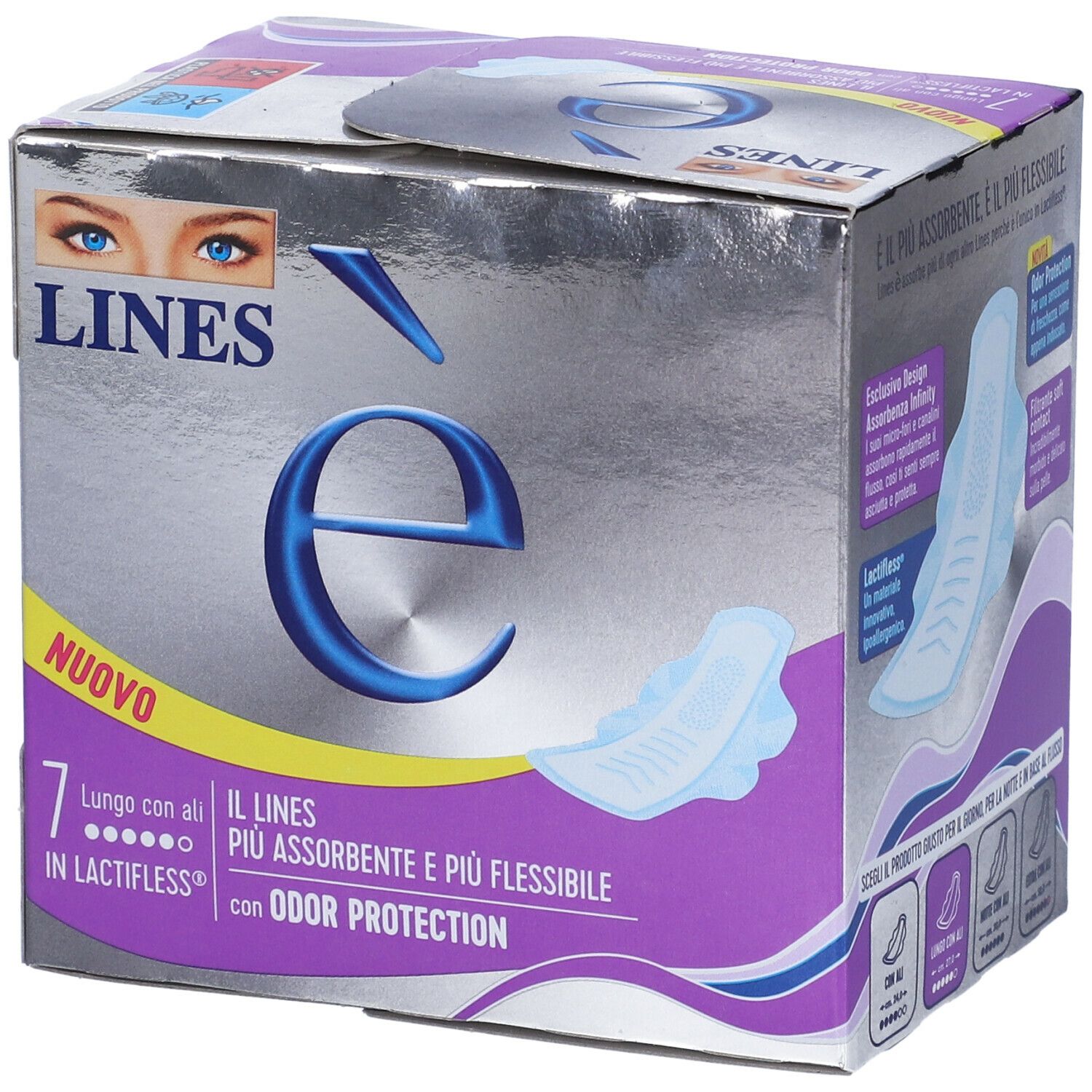 Confezione LINES è con assorbenti. Con ali e protezione odori. Contiene 7 pezzi.