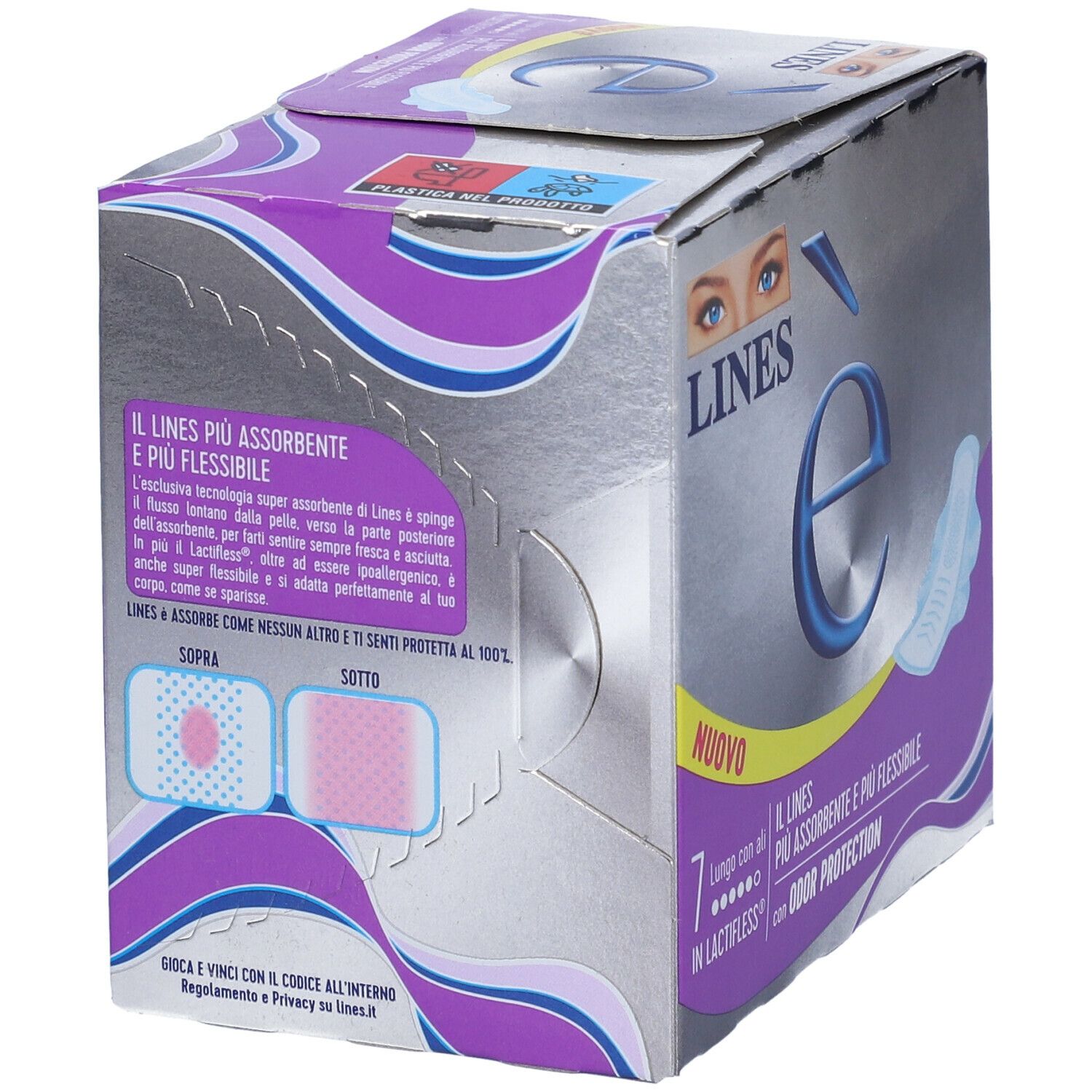 Confezione LINES è con assorbenti. Con ali e protezione odori. Contiene 7 pezzi.