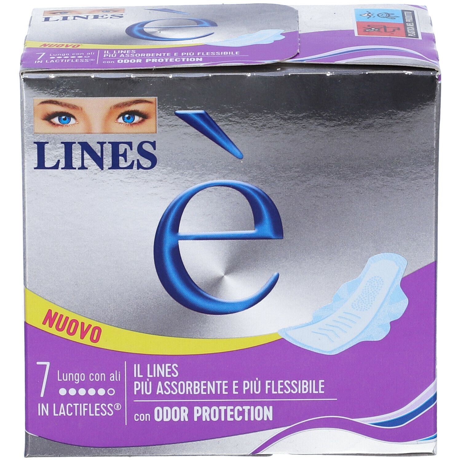 Confezione LINES è con assorbenti. Con ali e protezione odori. Contiene 7 pezzi.