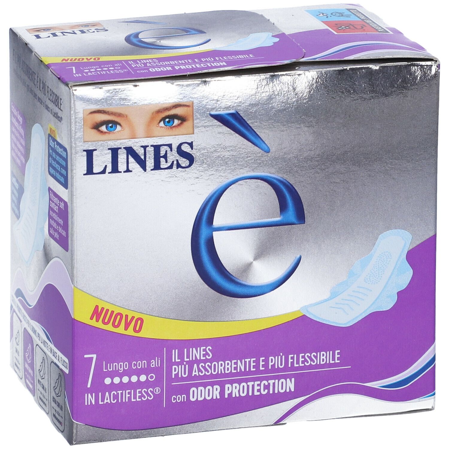 Confezione LINES è con assorbenti. Con ali e protezione odori. Contiene 7 pezzi.