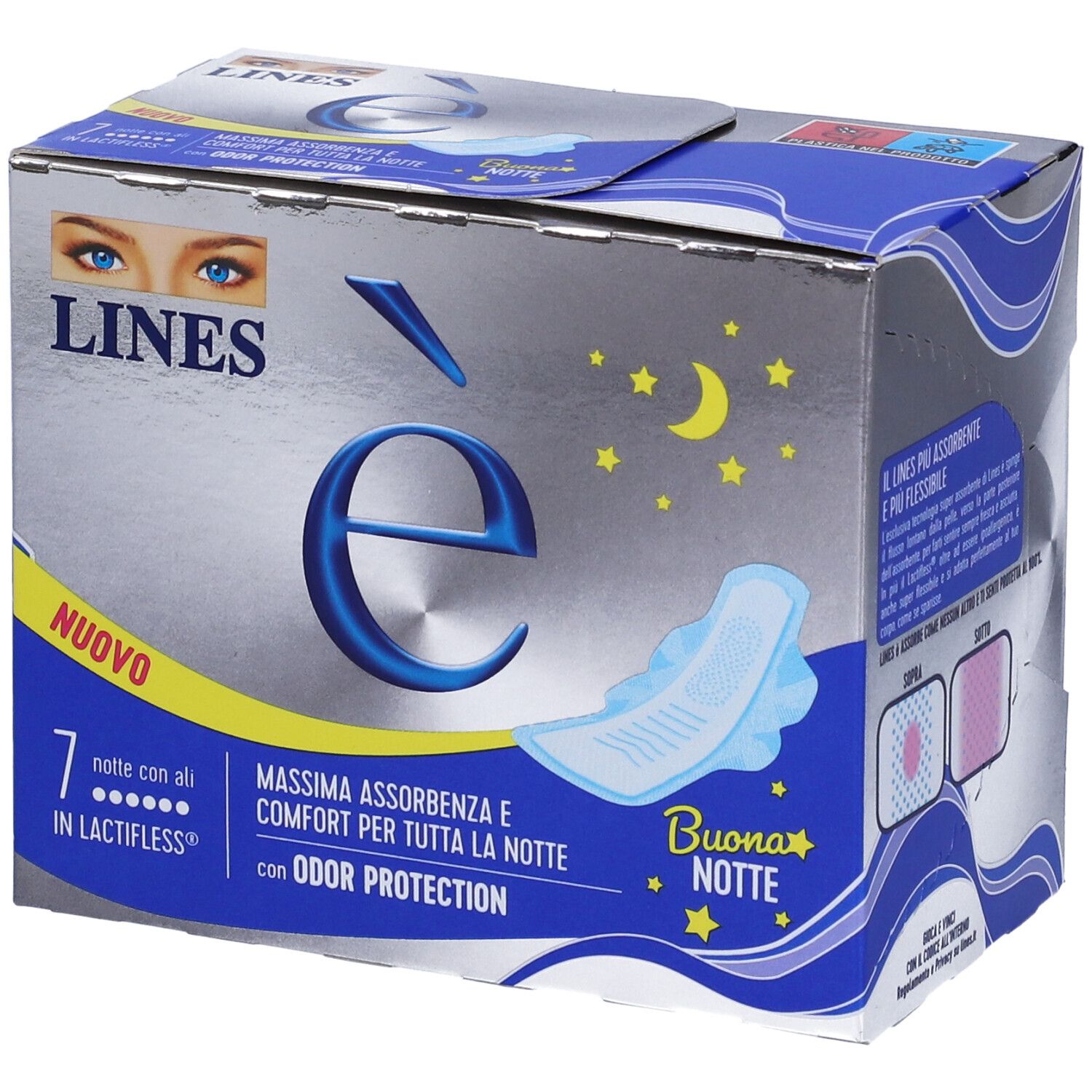 Verpackung von LINES è Nachtbinden mit Flügeln. Silberne Verpackung mit Produktabbildung und Text in italienischer Sprache.
