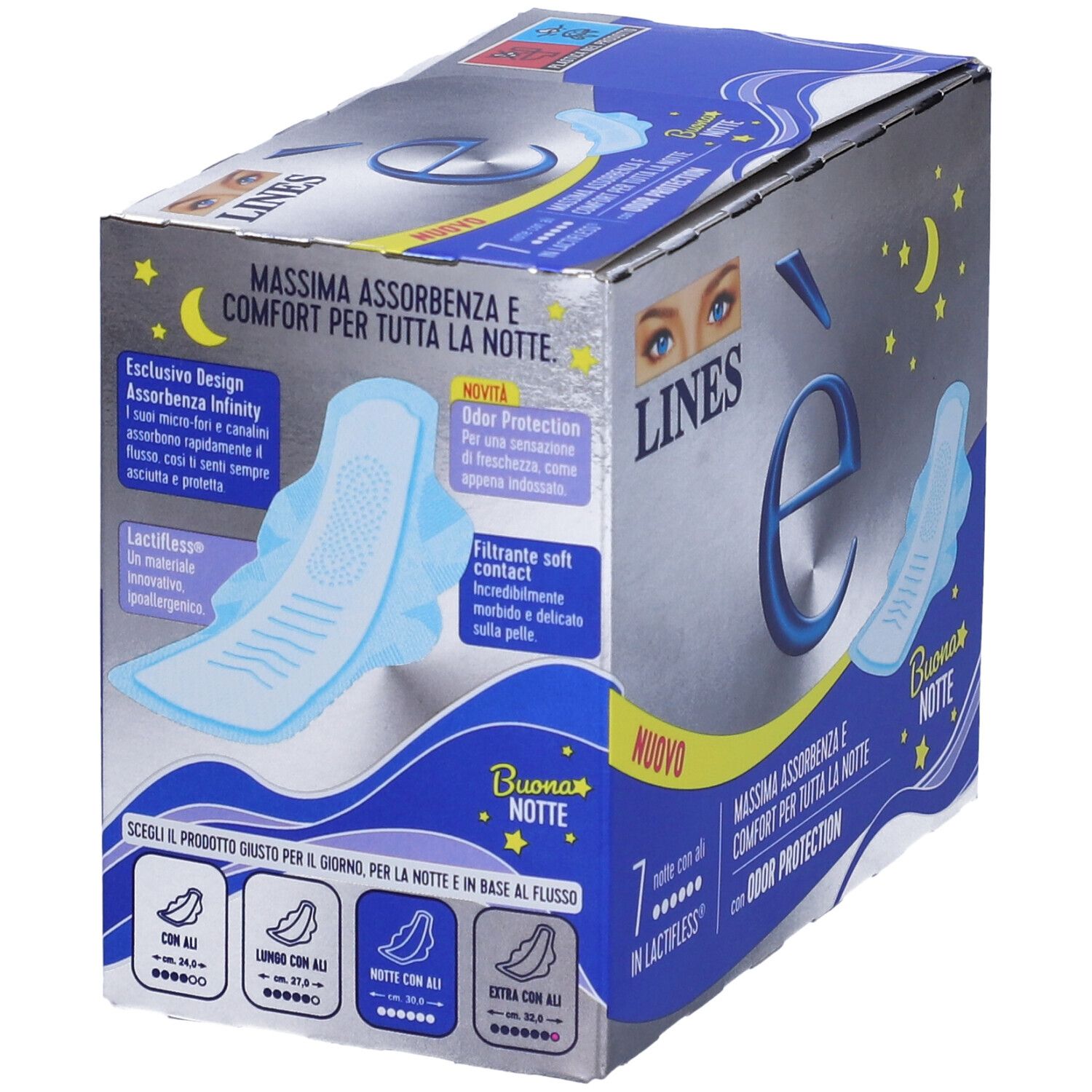 Verpackung von LINES è Nachtbinden. Silberne Verpackung mit Produktabbildung und Text in italienischer Sprache.