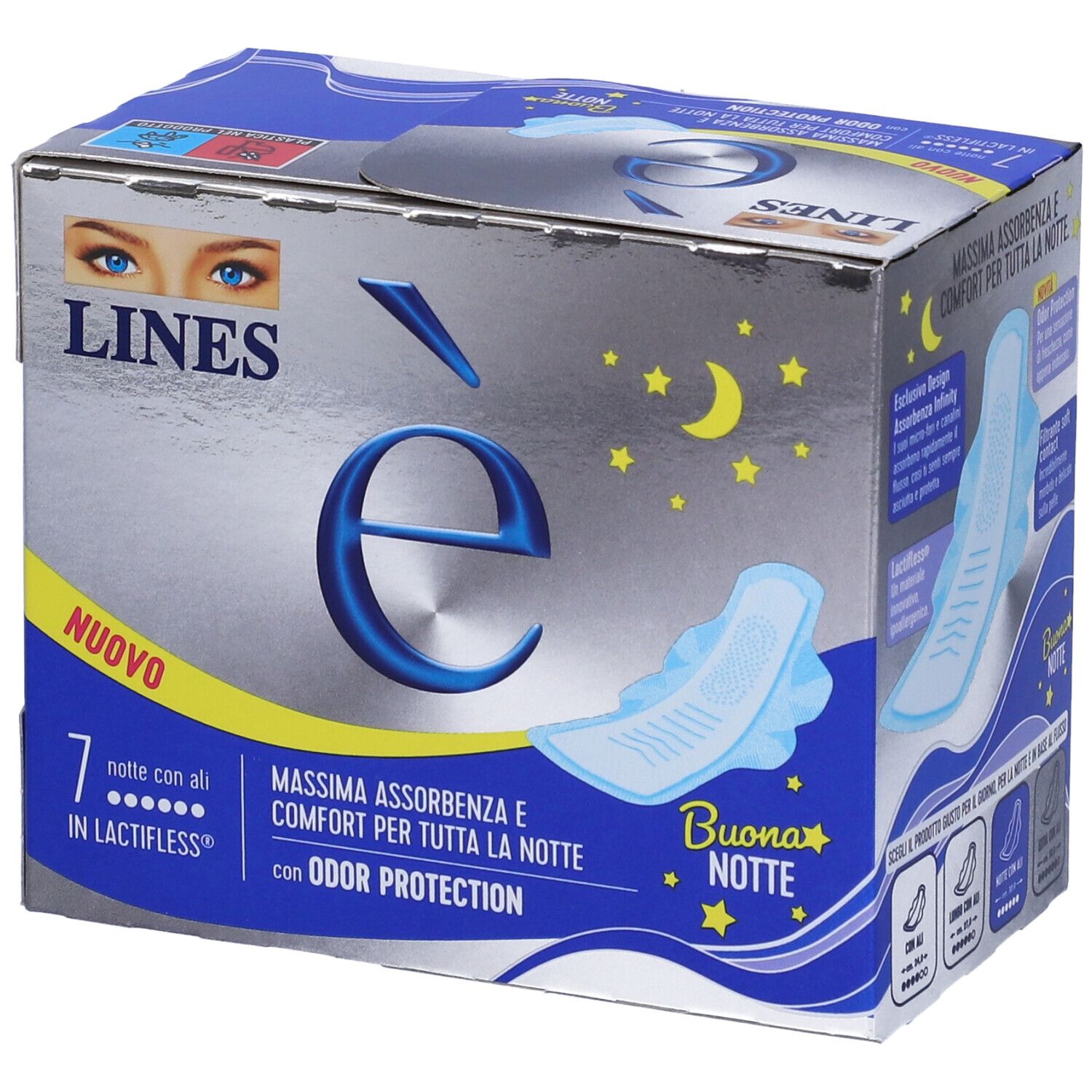 Verpackung von LINES è Nachtbinden mit Flügeln. Silberne Verpackung mit Produktabbildung und Text in italienischer Sprache.