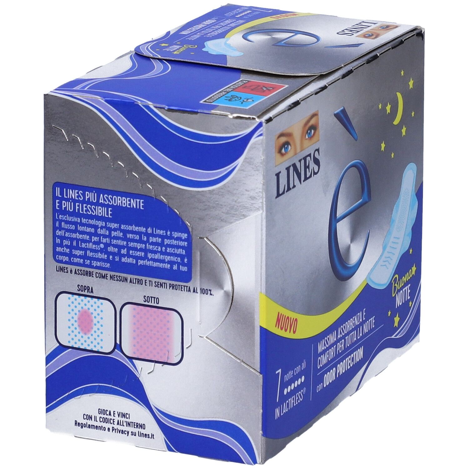 Verpackung von LINES è Nachtbinden. Silberne Verpackung mit Produktabbildung und Text in italienischer Sprache.