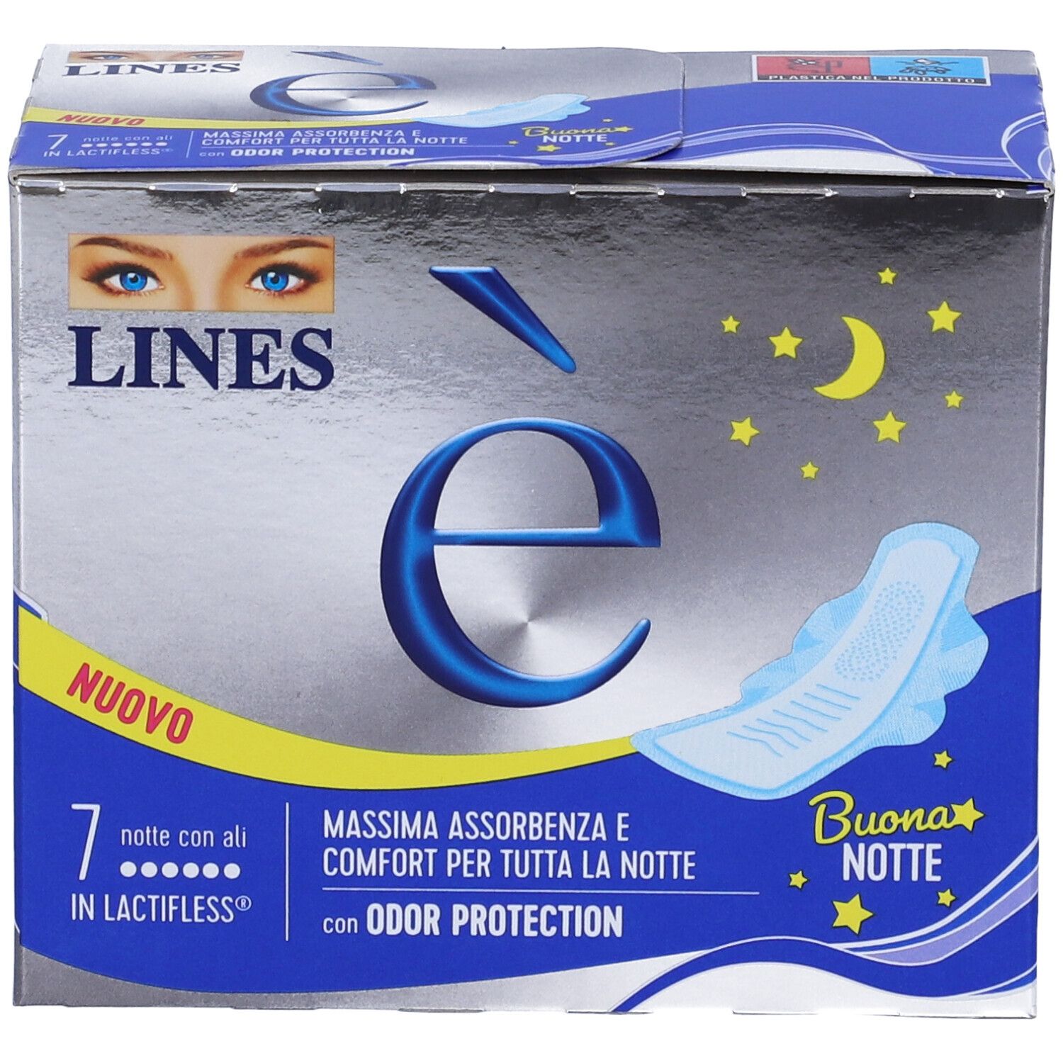 Verpackung von LINES è Nachtbinden mit Flügeln. Silberne Verpackung mit Produktabbildung und Text in italienischer Sprache.