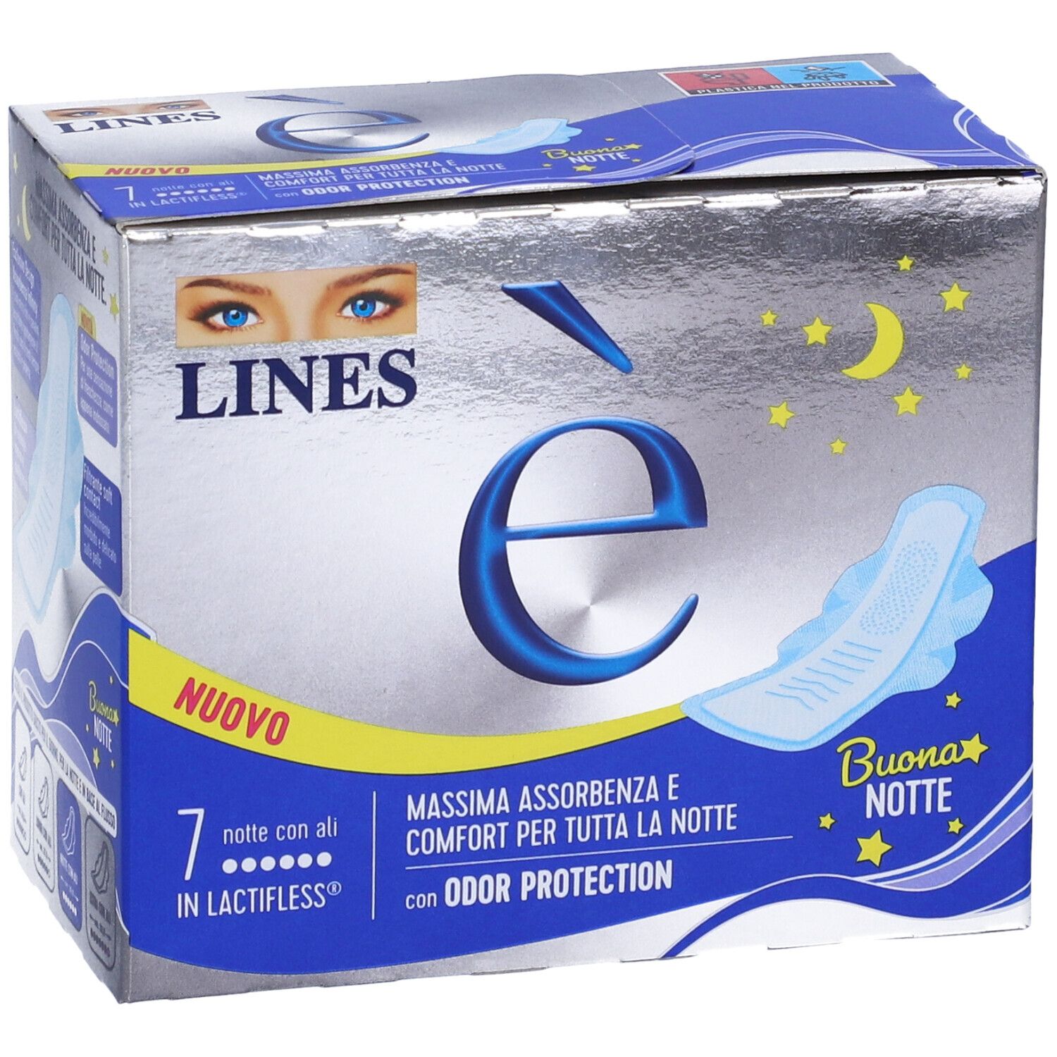 Verpackung von LINES è Nachtbinden mit Flügeln. Silberne Verpackung mit Produktabbildung und Text in italienischer Sprache.