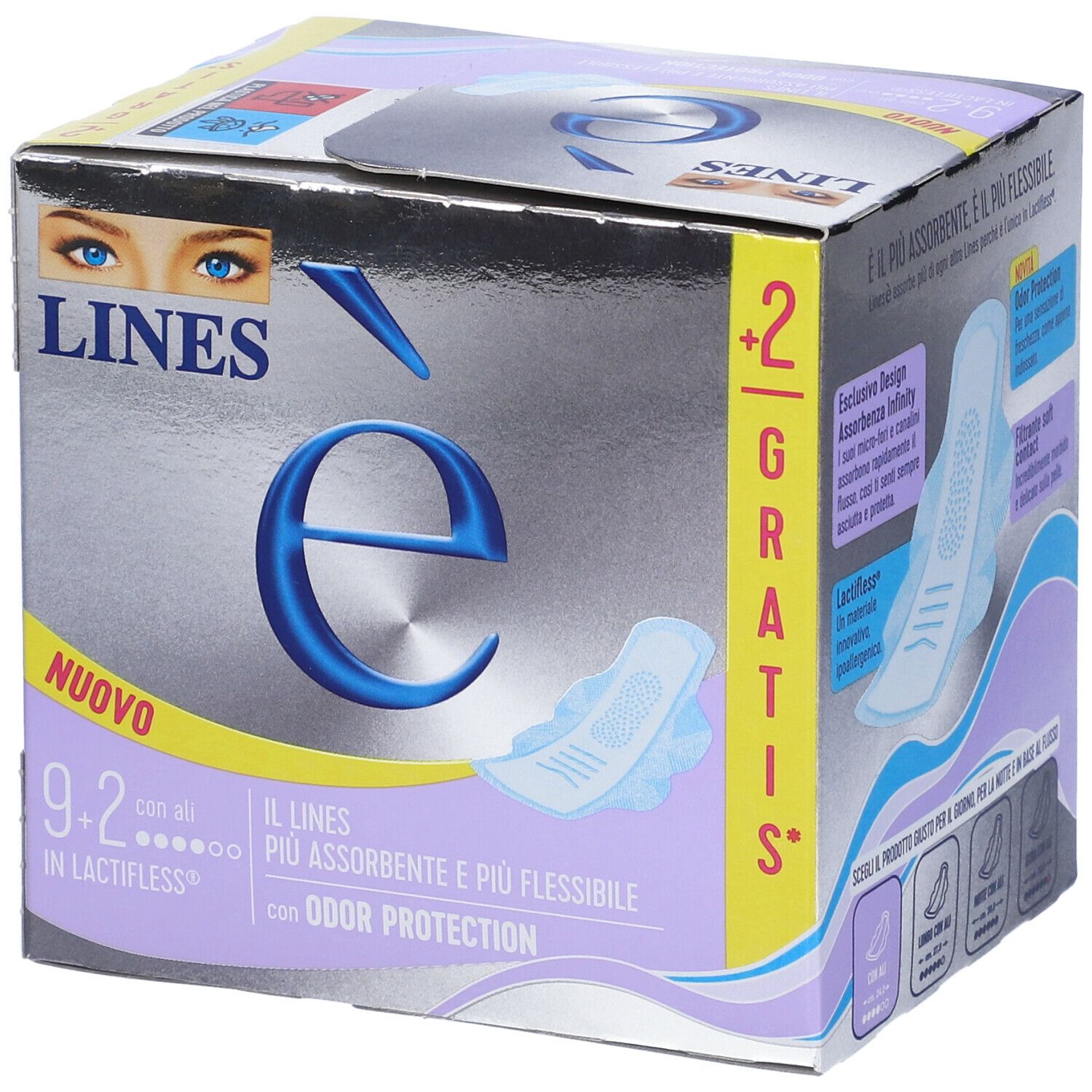 Confezione di LINES è con Ali. Scatola argentata con scritte blu e immagine di un assorbente. Testo: 'NUOVO', '9+2', 'con Ali', 'in Lactifless'.