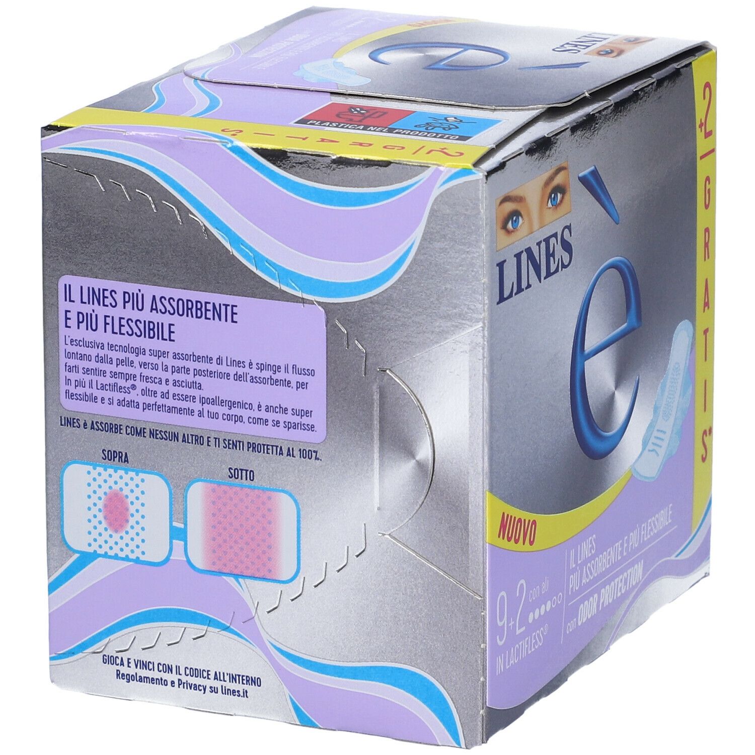 Vista laterale della confezione LINES è con Ali. Scatola argentata con testo e illustrazioni. Contiene informazioni sul prodotto e le sue caratteristiche.