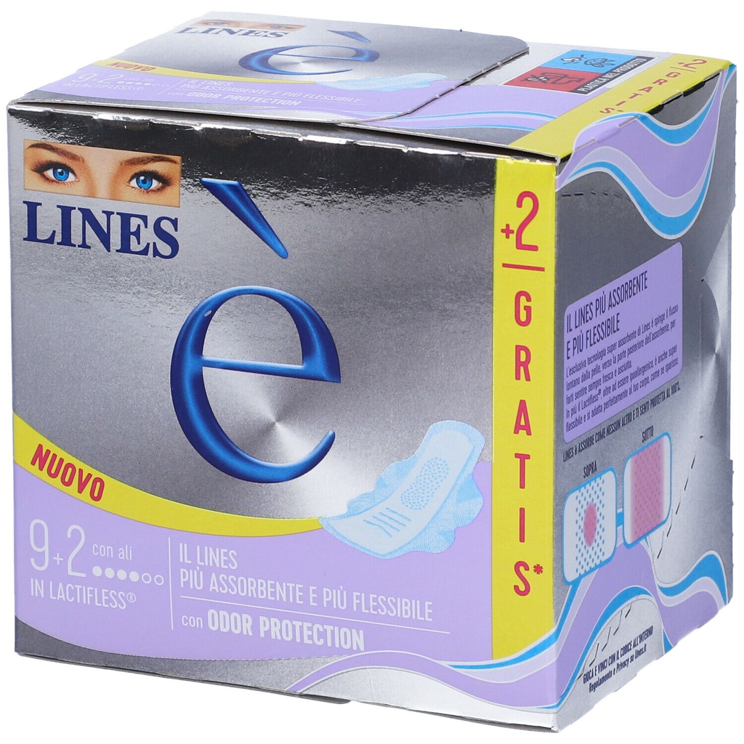 Confezione di LINES è con Ali. Scatola argentata con scritte blu e immagine di un assorbente. Testo: 'NUOVO', '9+2', 'con Ali', 'in Lactifless'.