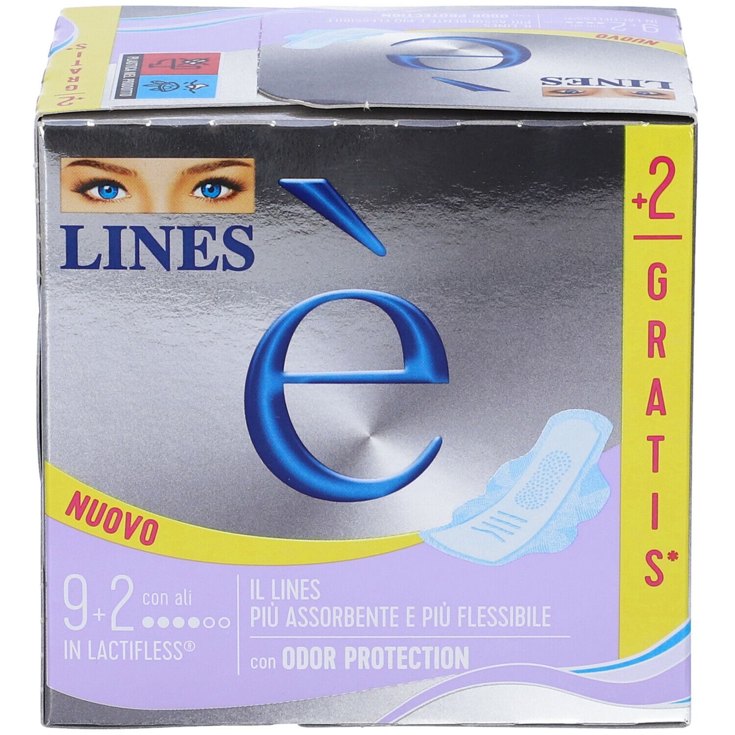 Confezione di LINES è con Ali. Scatola argentata con scritte blu e immagine di un assorbente. Testo: 'NUOVO', '9+2', 'con Ali', 'in Lactifless'.