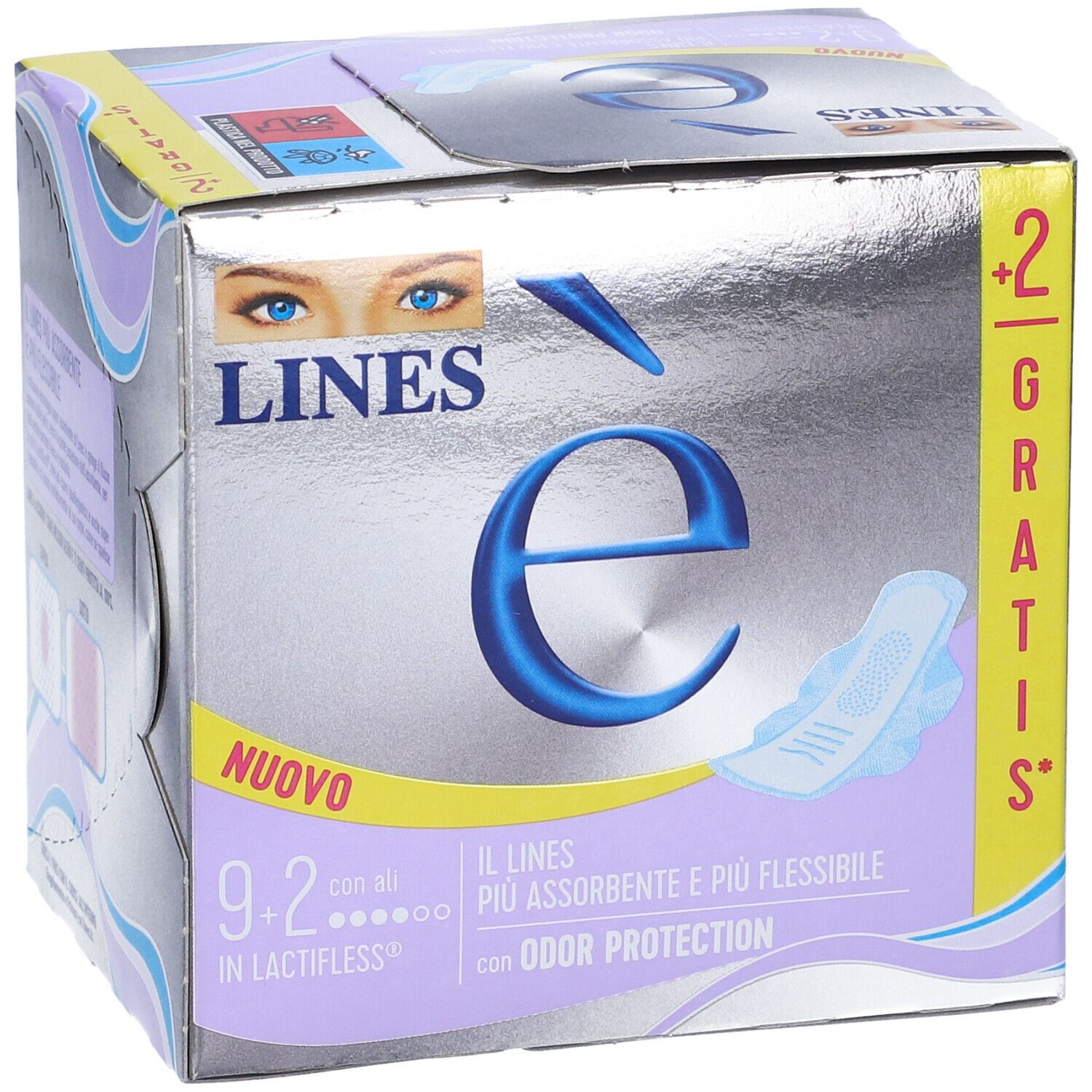 Confezione di LINES è con Ali. Scatola argentata con scritte blu e immagine di un assorbente. Testo: 'NUOVO', '9+2', 'con Ali', 'in Lactifless'.