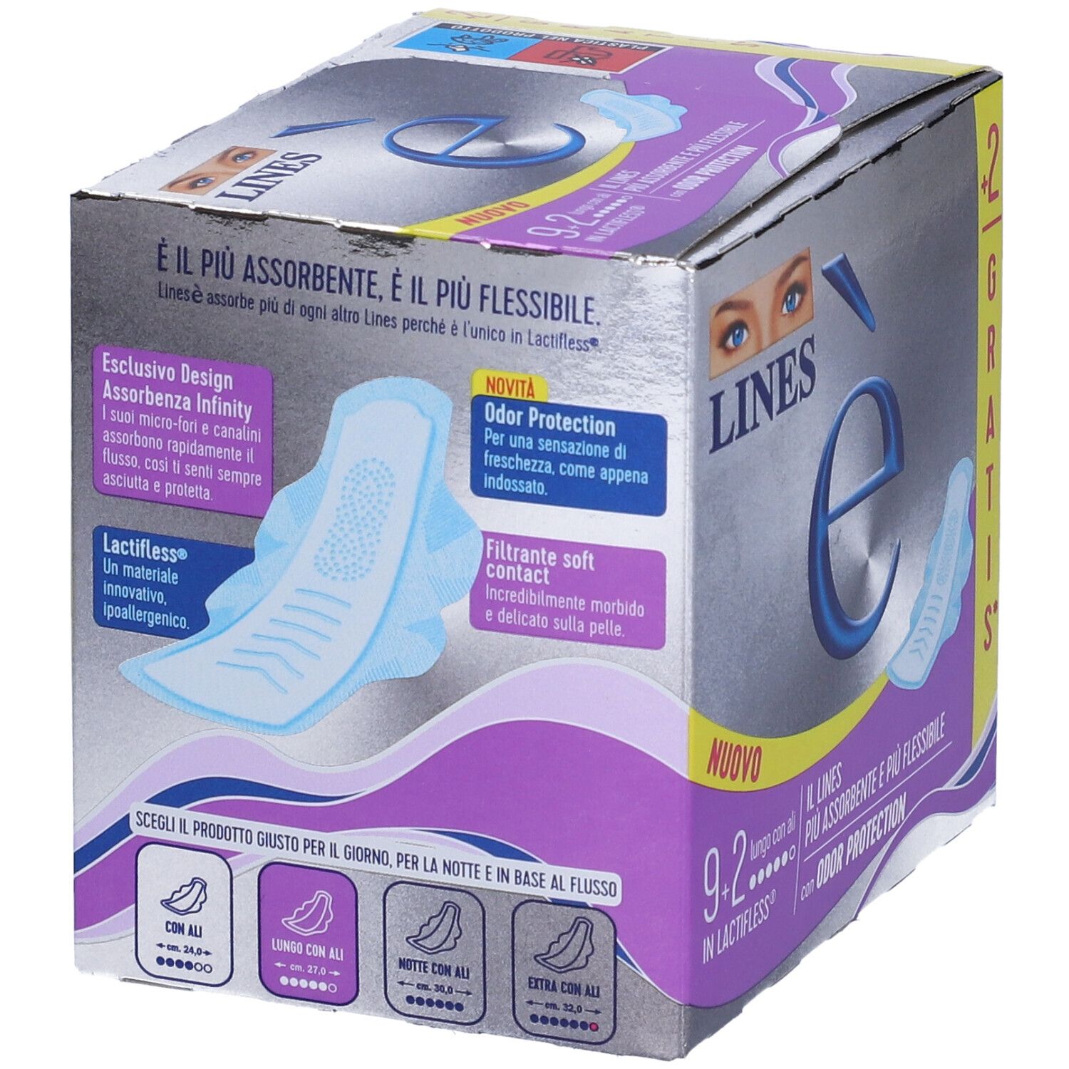 Verpackung von LINES è Damenbinden. Silberne Schachtel mit Produktabbildungen und Text. Enthält 9+2 Binden mit Flügeln.