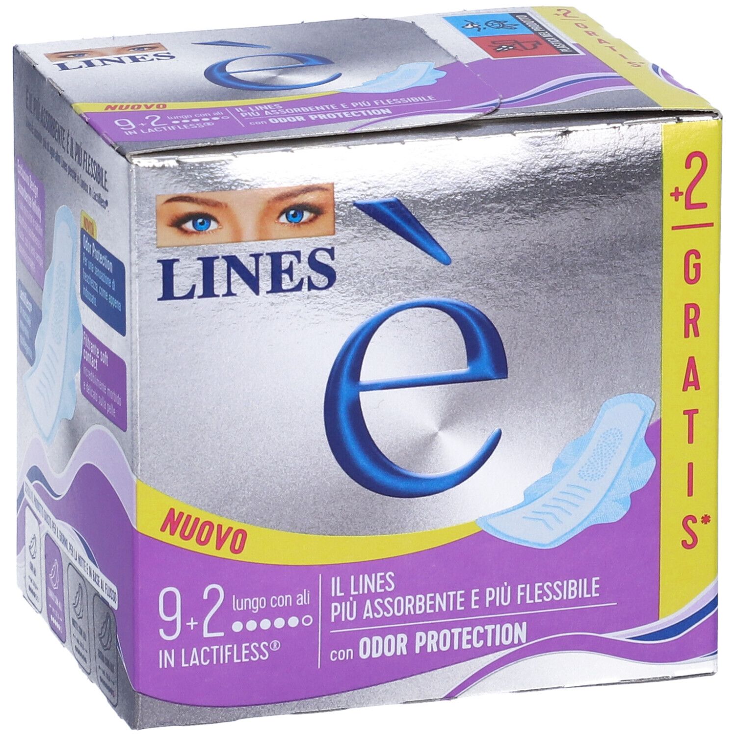Schachtel mit LINES è Damenbinden. Silberne Verpackung mit Produktabbildung und Text. Enthält 9+2 Binden mit Flügeln.