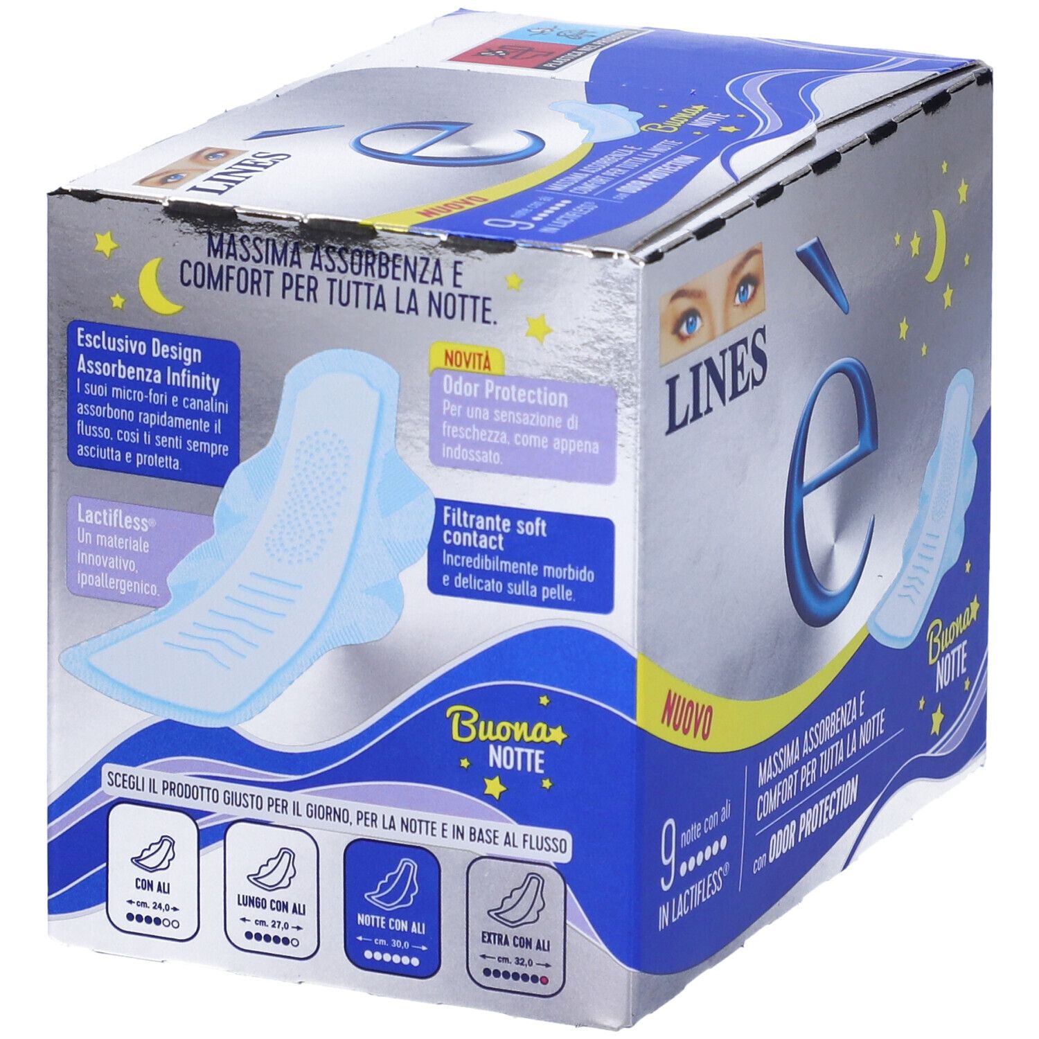 Schachtel mit LINES è Nachtbinden. Text: maximale Absorption, Geruchsschutz. Abbildung eines Binde. Auswahl von verschiedenen Binden.