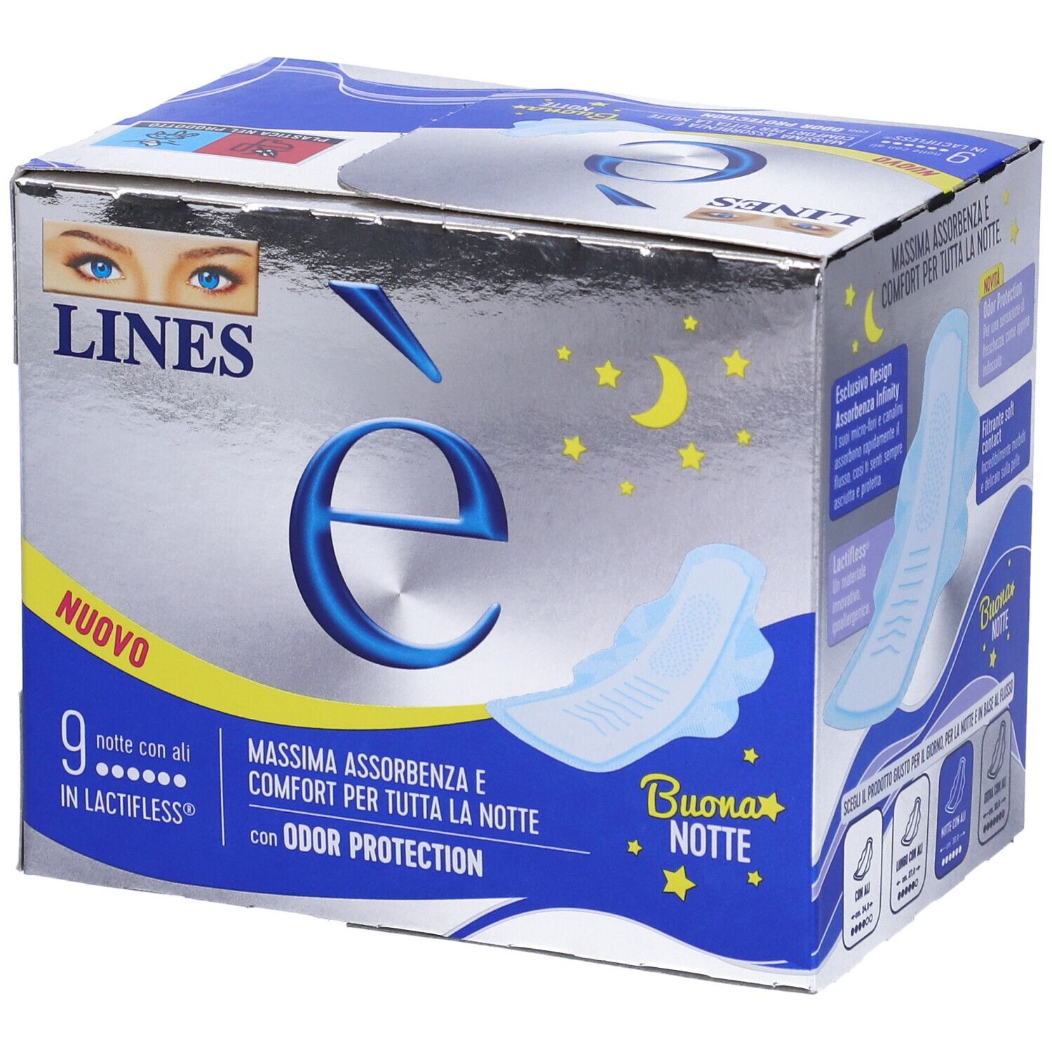 Schachtel mit LINES è Nachtbinden mit Flügeln. Aufdruck: 9 Stück, maximale Absorption, Geruchsschutz. Abbildung einer Binde.