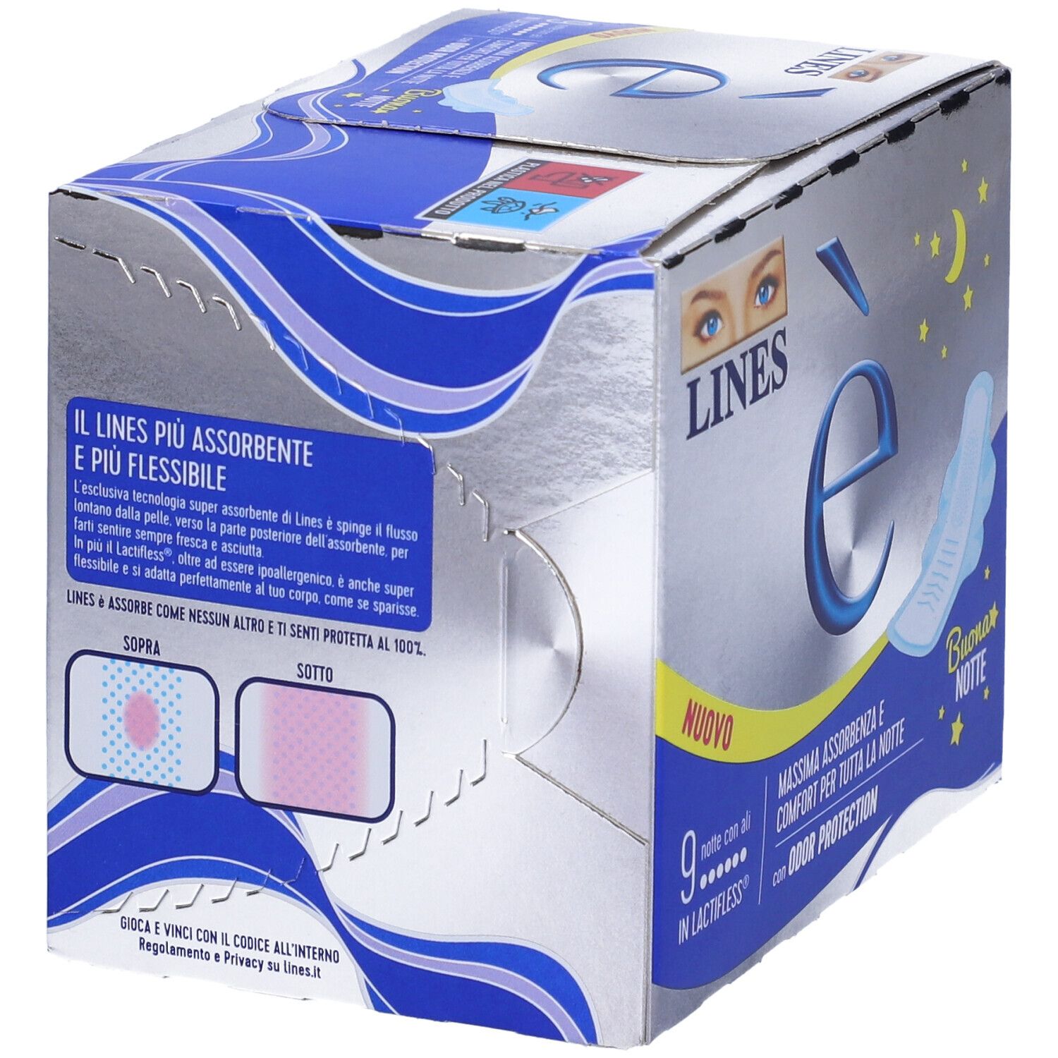 Schachtel mit LINES è Nachtbinden. Text: maximale Absorption, Geruchsschutz. Abbildung von Binden. Diagramme mit Produktmerkmalen.