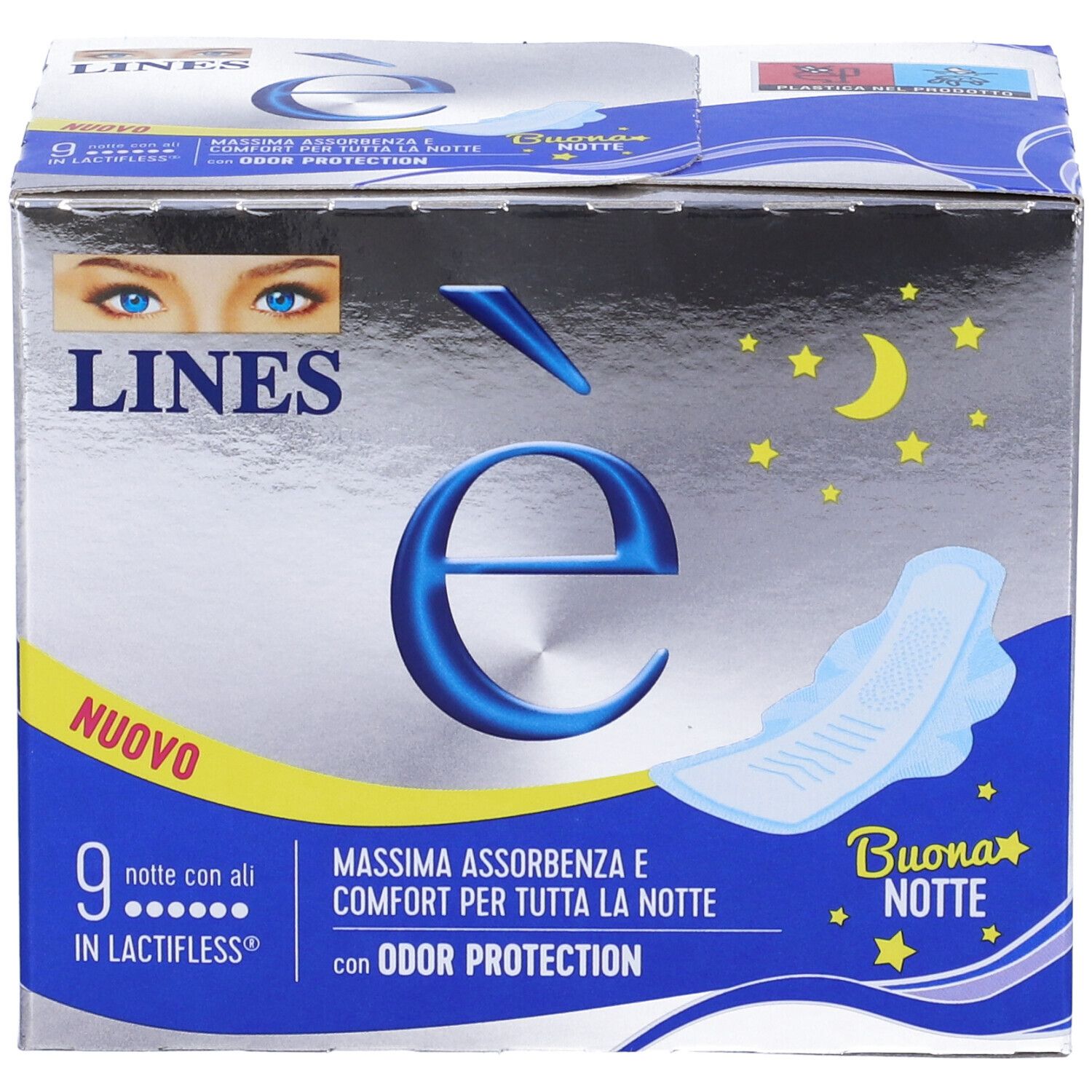 Schachtel mit LINES è Nachtbinden mit Flügeln. Aufdruck: 9 Stück, maximale Absorption, Geruchsschutz. Abbildung einer Binde.