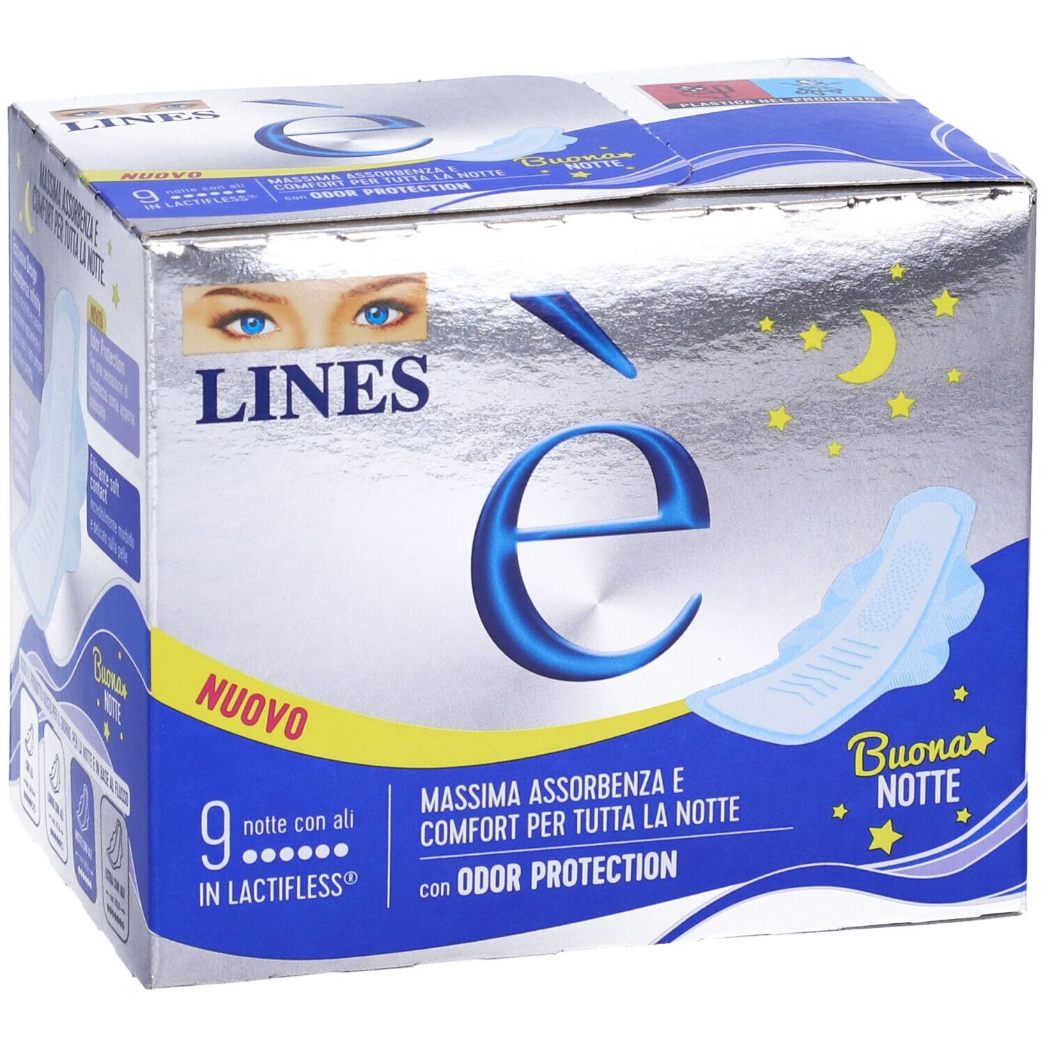 Schachtel mit LINES è Nachtbinden mit Flügeln. Aufdruck: 9 Stück, maximale Absorption, Geruchsschutz. Abbildung einer Binde.