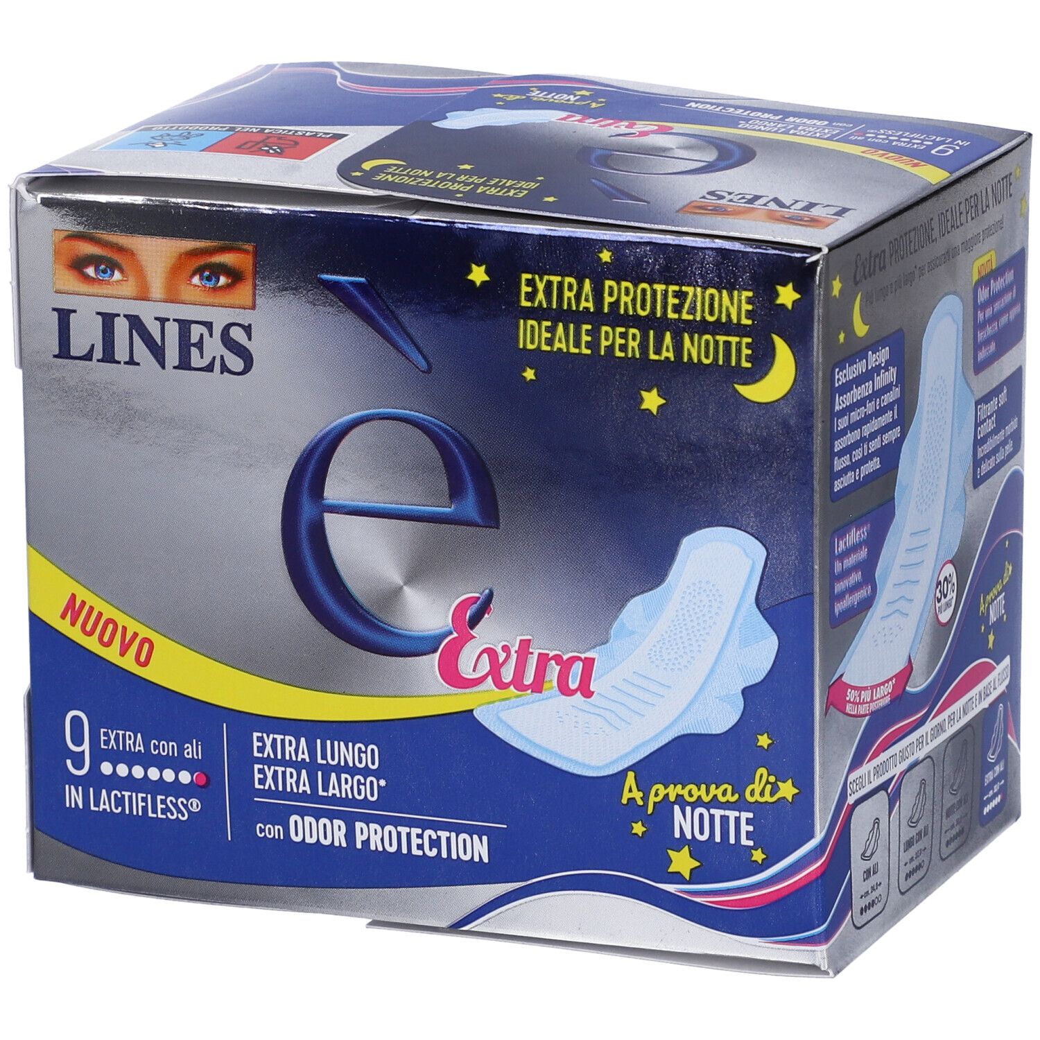 Confezione di LINES è Extra Protezione con Ali. Contiene 9 pezzi. Extra protezione per la notte. Con ali e protezione odori. Immagine prodotto.