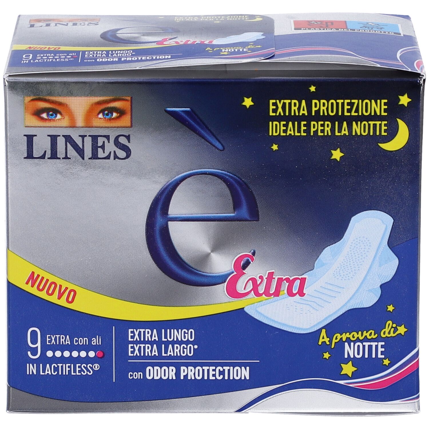 Confezione di LINES è Extra Protezione con Ali. Contiene 9 pezzi. Extra protezione per la notte. Con ali e protezione odori. Immagine prodotto.