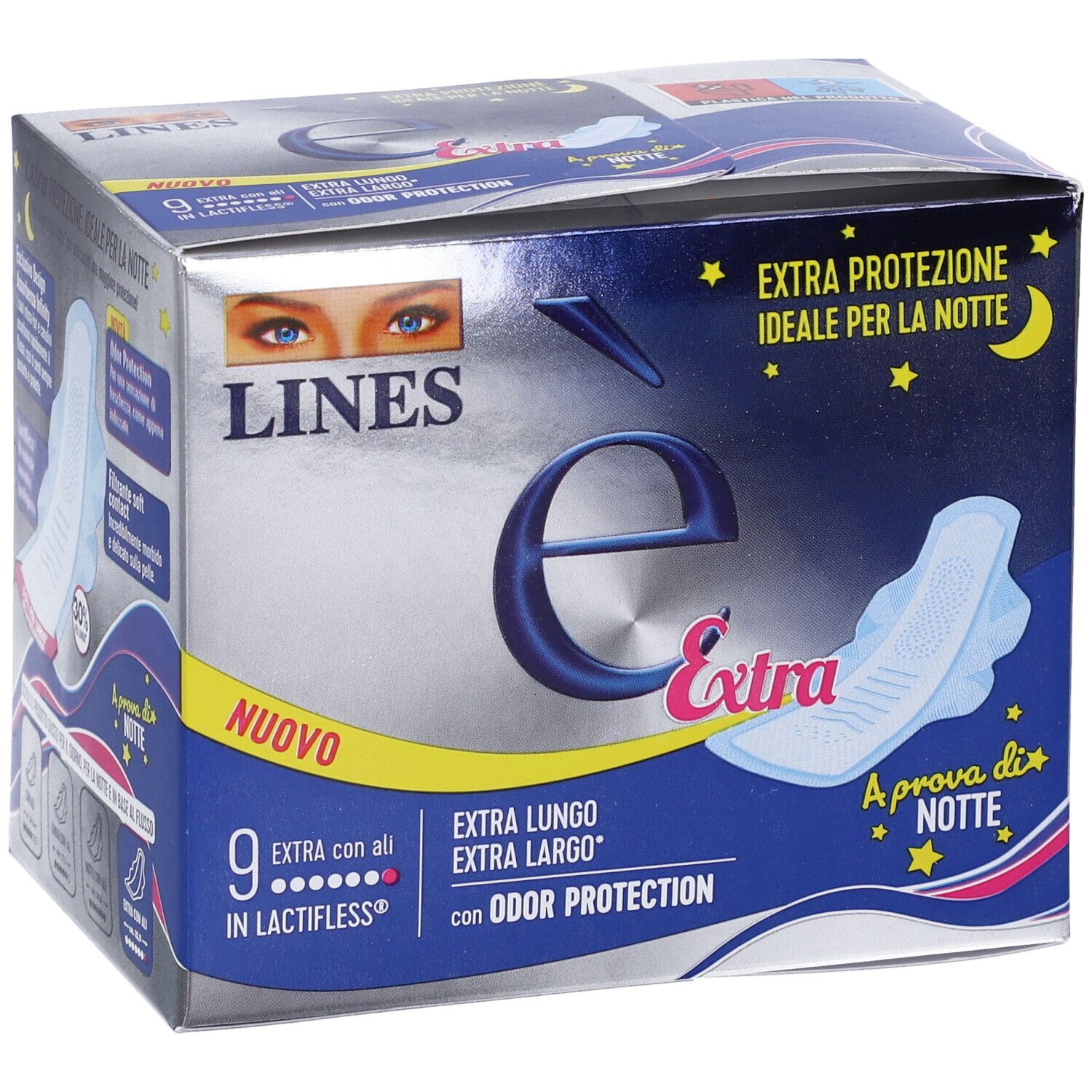 Confezione di LINES è Extra Protezione con Ali. Contiene 9 pezzi. Extra protezione per la notte. Con ali e protezione odori. Immagine prodotto.