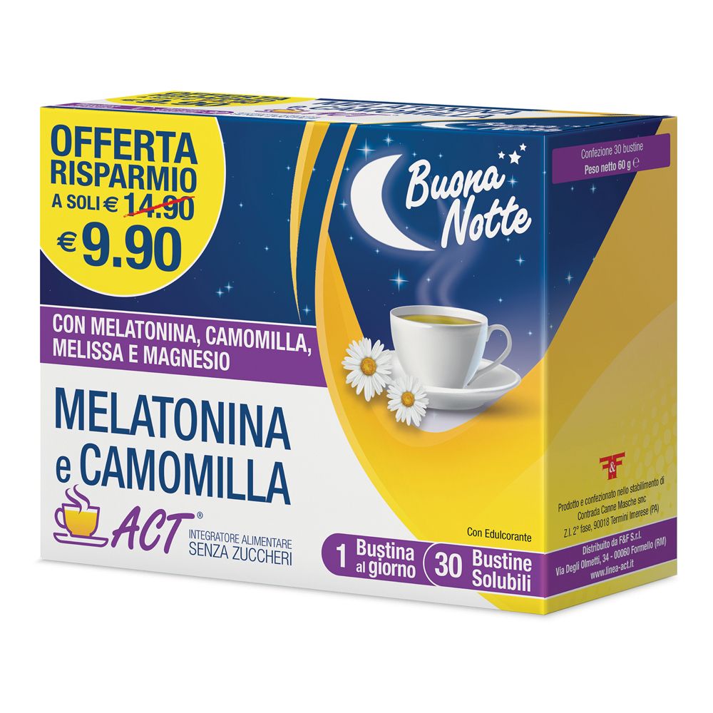 Scatola di Melatonina e Camomilla Act. Scritta: Buona Notte, 30 bustine, 9,90 €. Contiene melatonina, camomilla, melissa e magnesio.