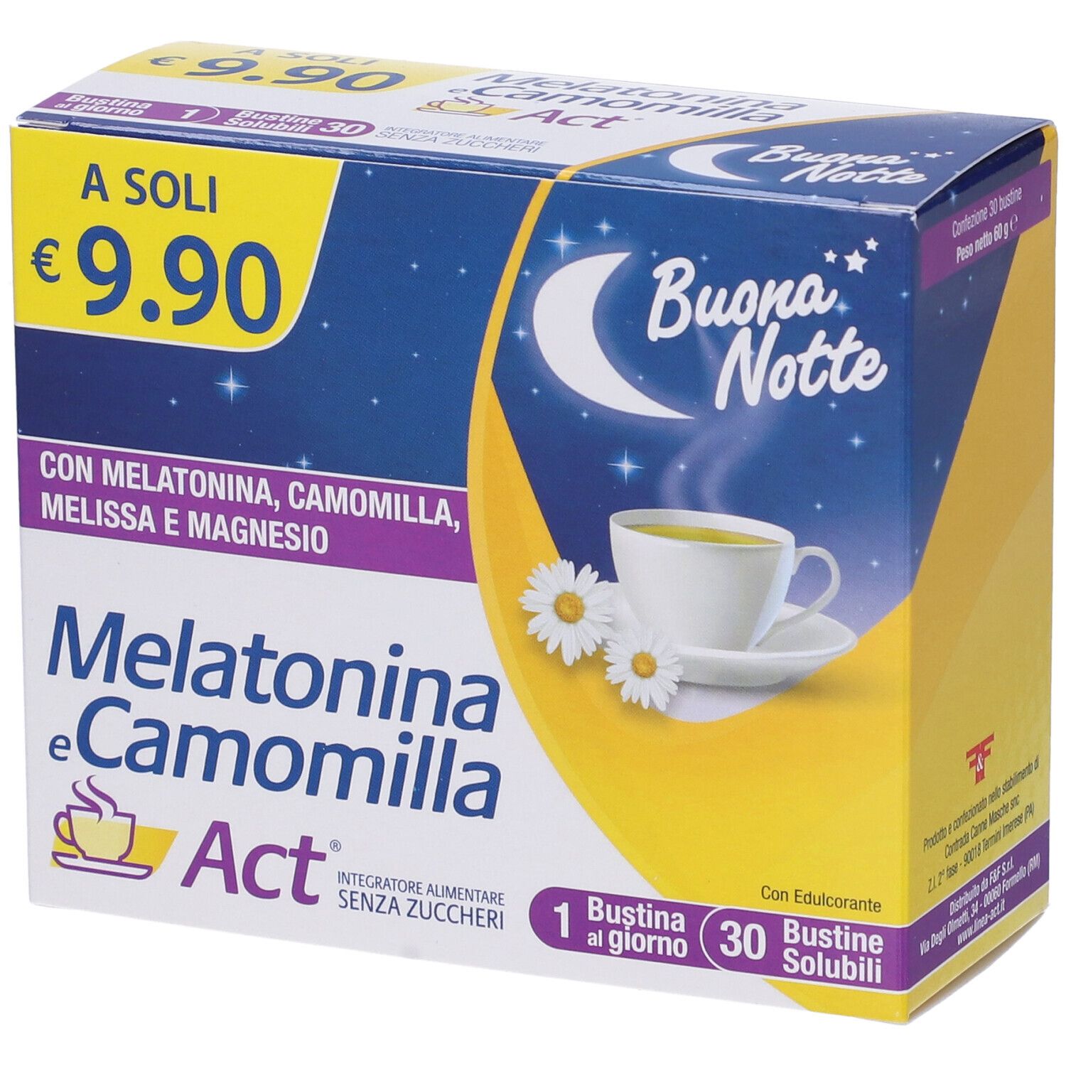 Scatola di Melatonina e Camomilla Act. Scritta: Buona Notte, 30 bustine, 9,90 €. Contiene melatonina, camomilla, melissa e magnesio.