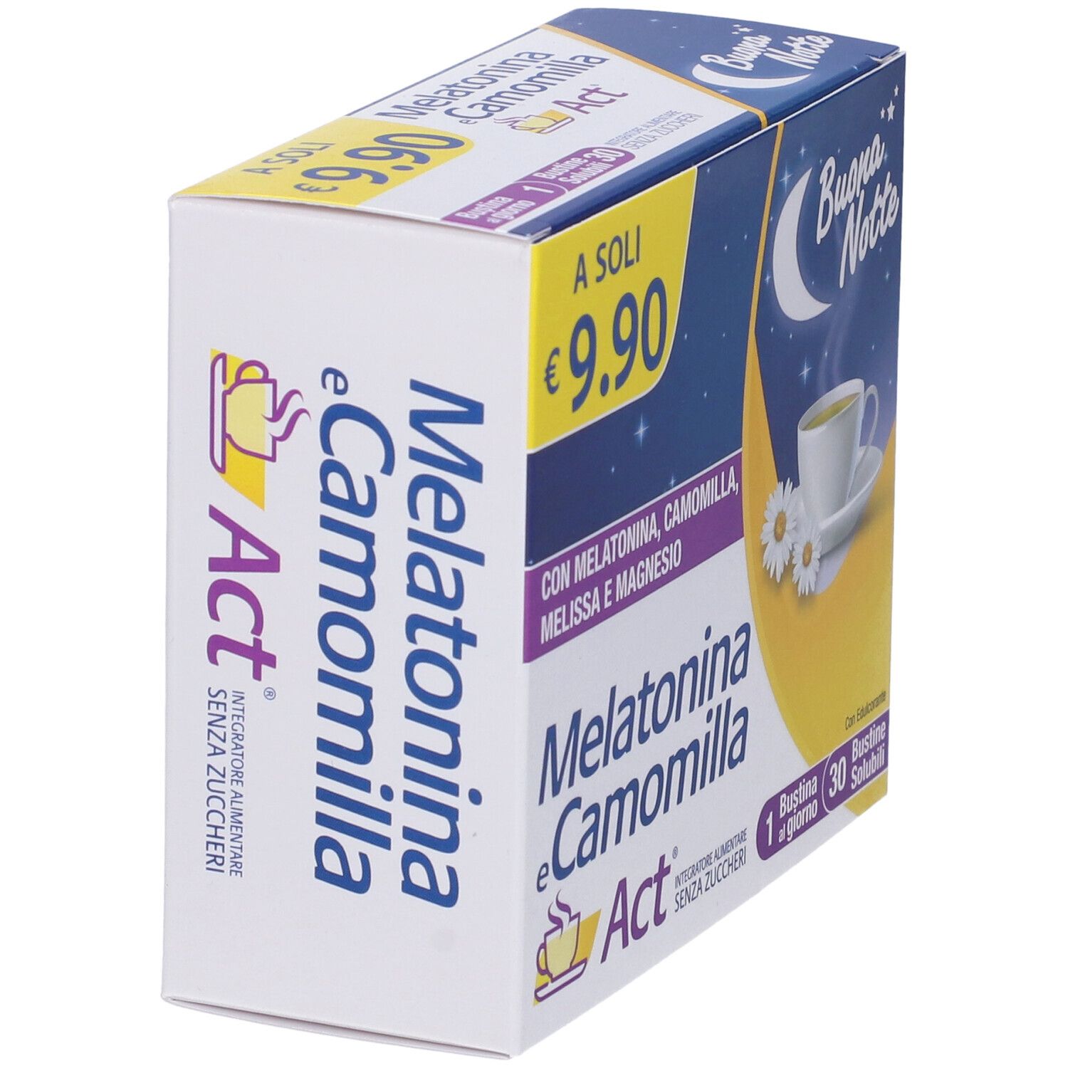Scatola di Melatonina e Camomilla Act. Scritta: Buona Notte, 30 bustine, 9,90 €. Contiene melatonina, camomilla, melissa e magnesio.