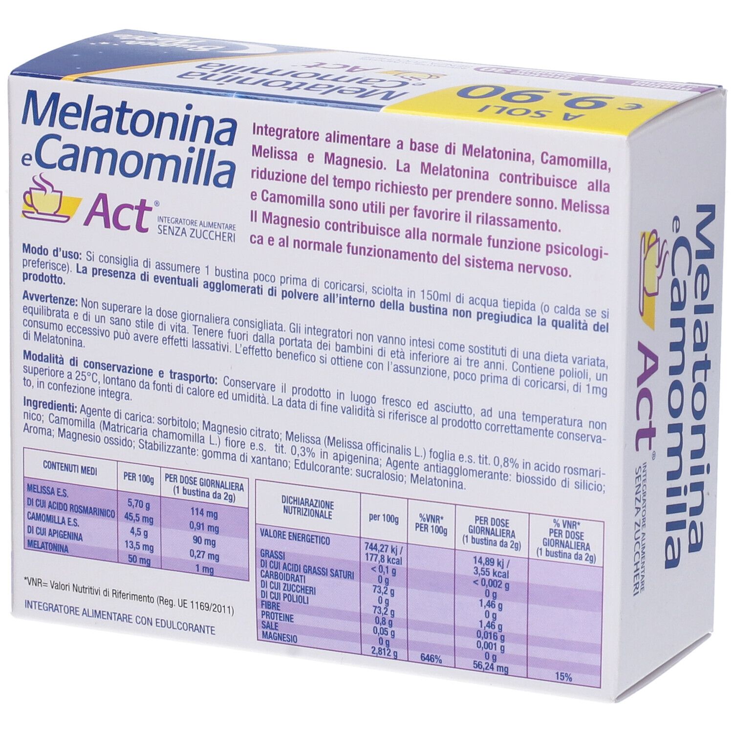 Retro della scatola di Melatonina e Camomilla Act. Contiene informazioni su ingredienti, valori nutrizionali e uso.