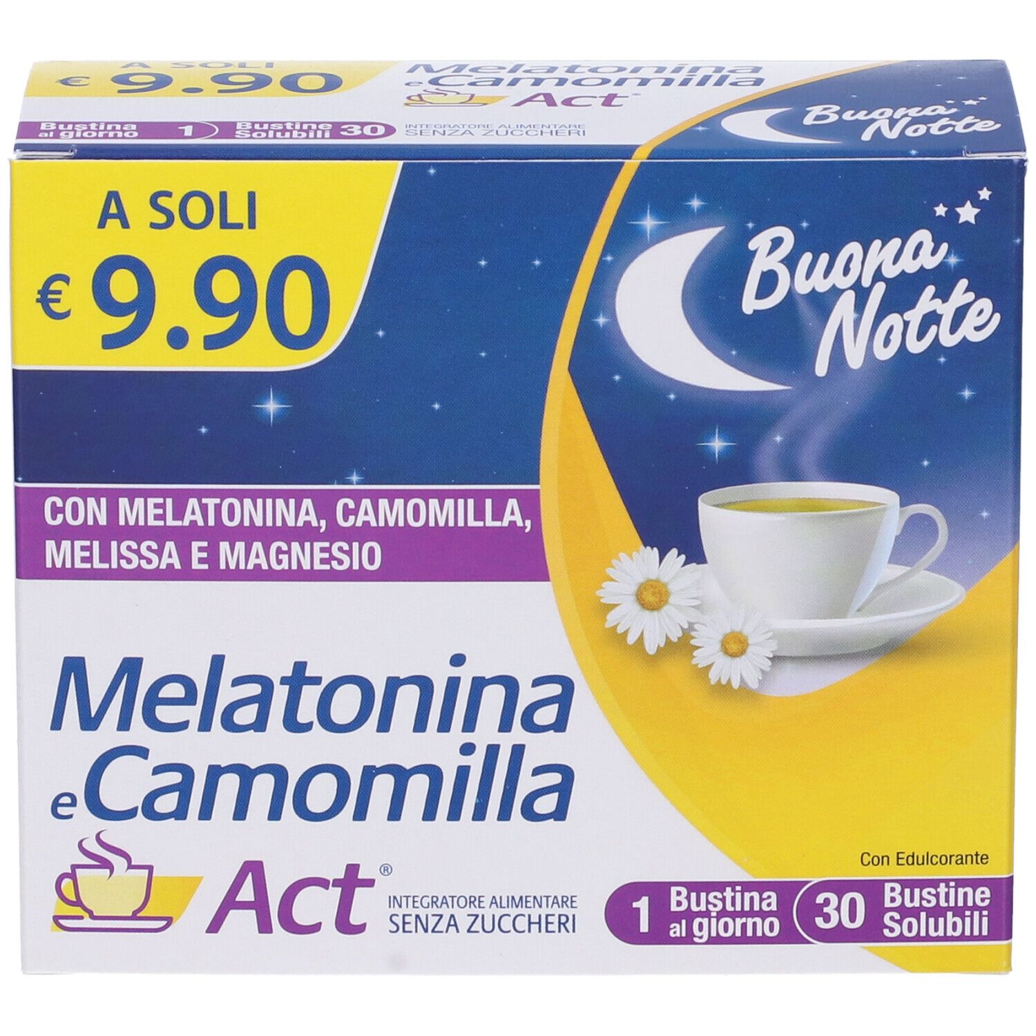 Scatola di Melatonina e Camomilla Act. Scritta: Buona Notte, 30 bustine, 9,90 €. Contiene melatonina, camomilla, melissa e magnesio.