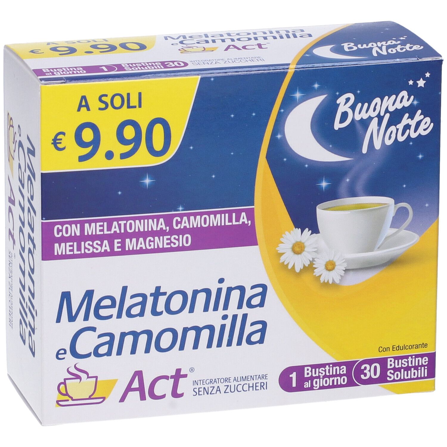 Scatola di Melatonina e Camomilla Act. Scritta: Buona Notte, 30 bustine, 9,90 €. Contiene melatonina, camomilla, melissa e magnesio.