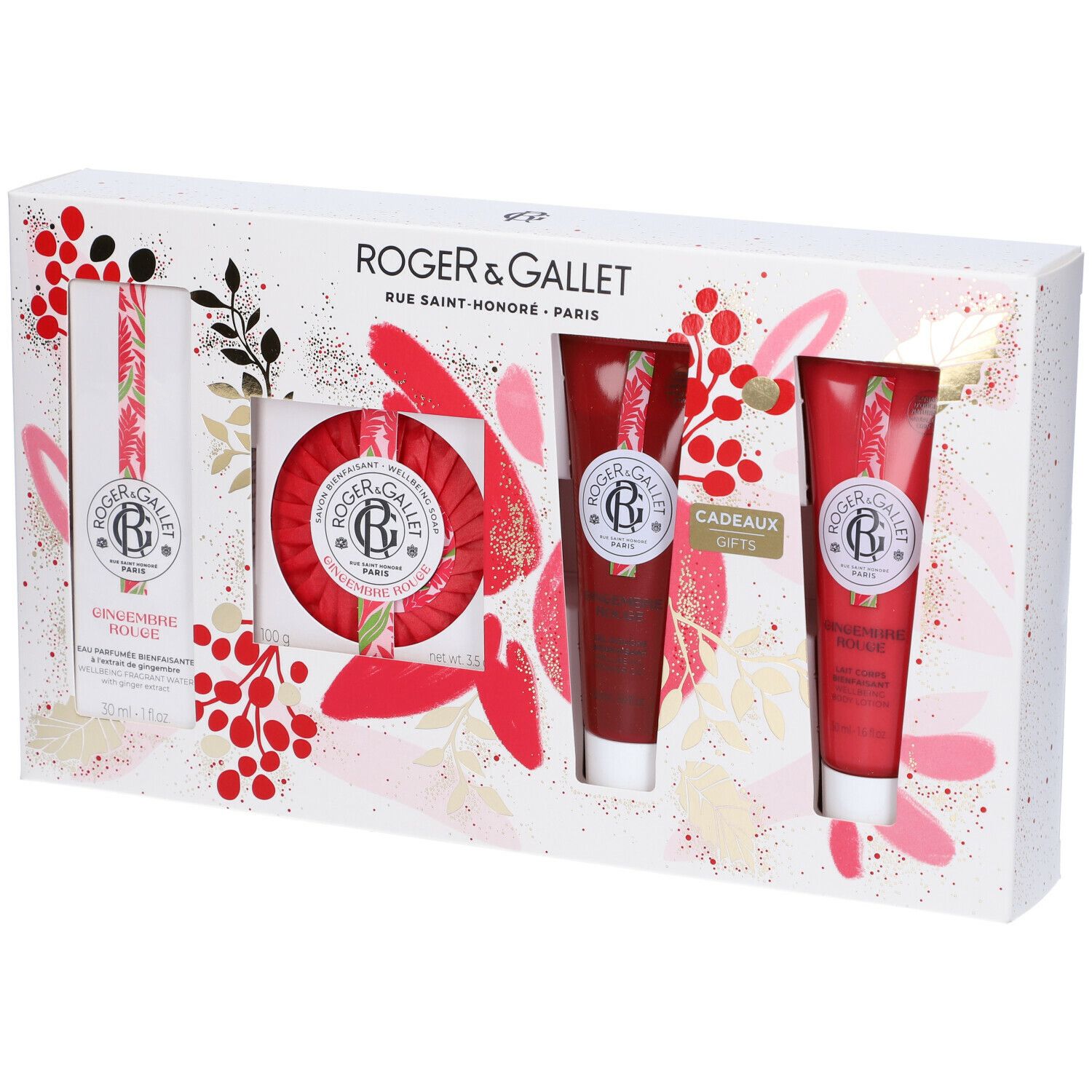Set regalo Roger&Gallet. Include sapone, un tubo e altri due prodotti in una scatola bianca decorata.