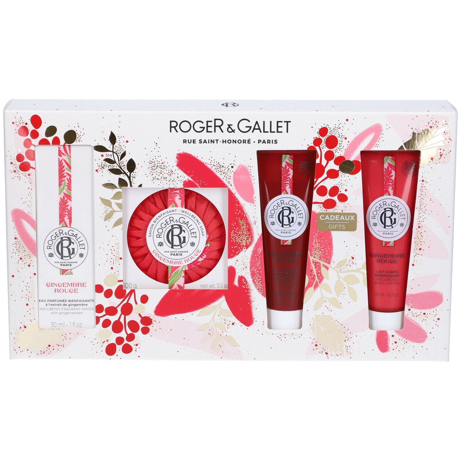 Set regalo Roger&Gallet. Include sapone, un tubo e altri due prodotti in una scatola bianca decorata.