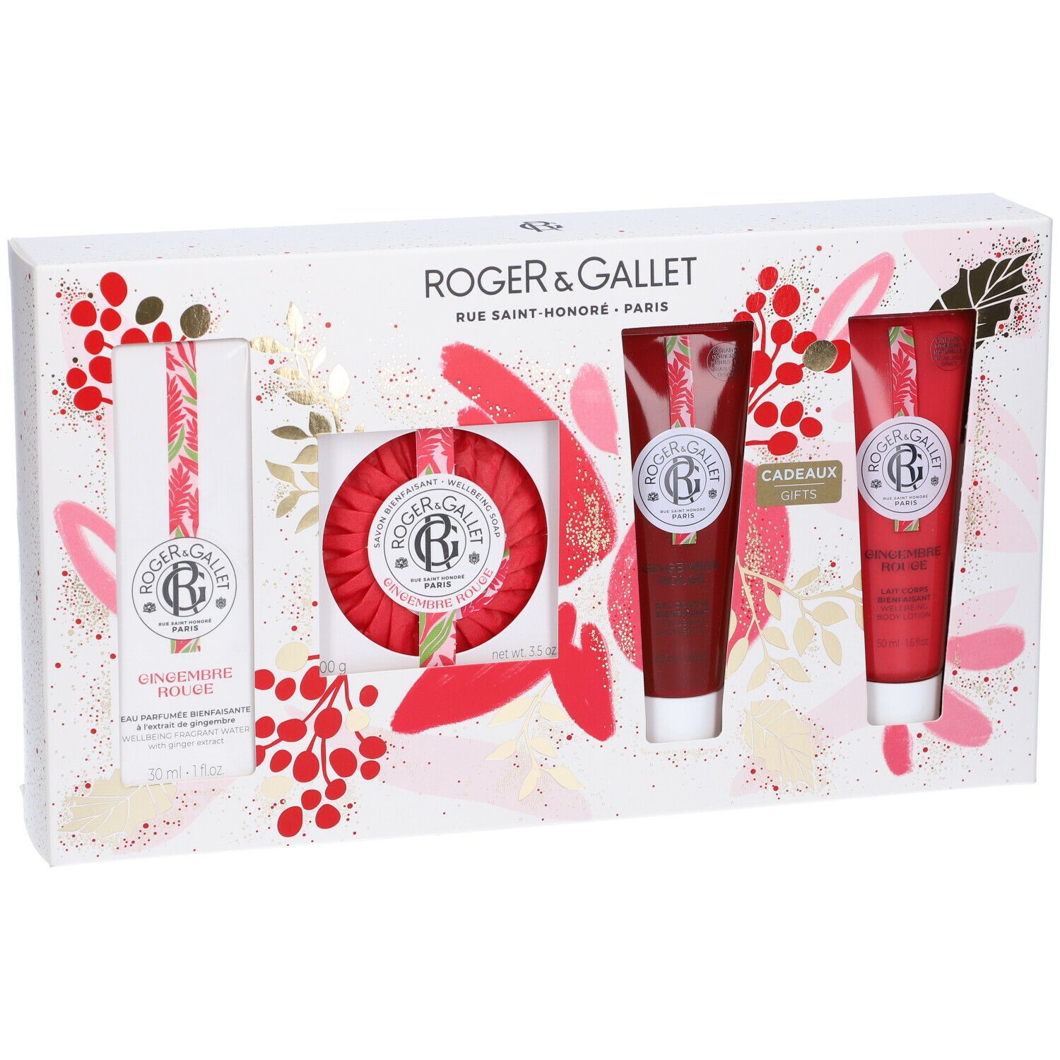 Set regalo Roger&Gallet. Include sapone, un tubo e altri due prodotti in una scatola bianca decorata.