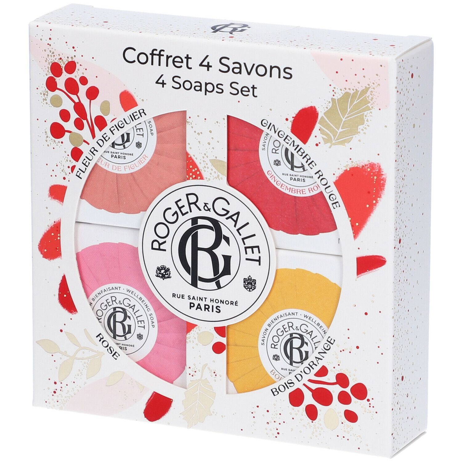 Confezione regalo con quattro saponi. Ogni sapone ha un colore e un profumo diverso: Rose, Bois d'Orange, Gingembre Rouge, Fleur de Figuier.