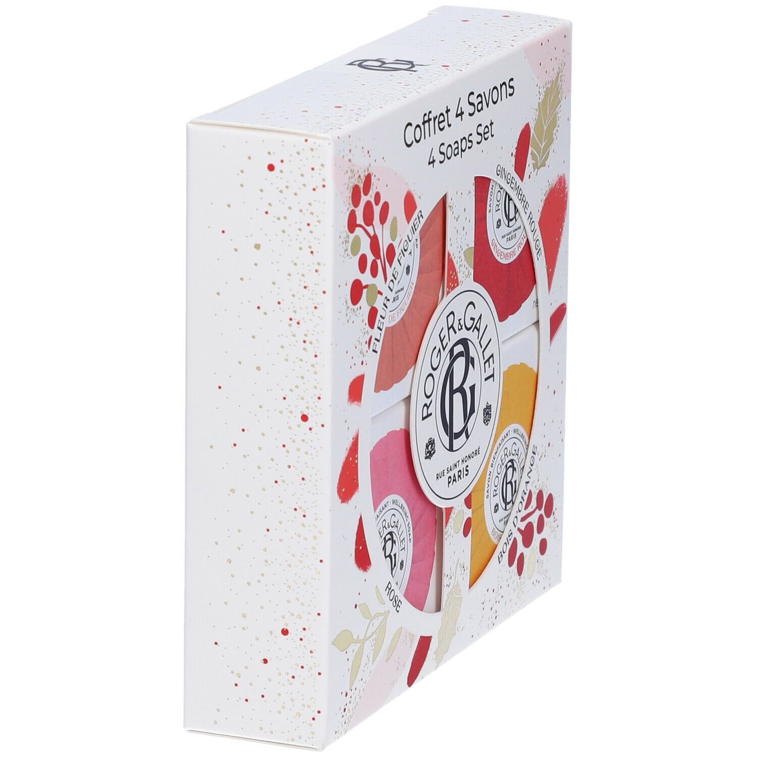 Confezione regalo con quattro saponi. La scatola è bianca con accenti rossi e dorati. I saponi sono visibili attraverso una finestra.
