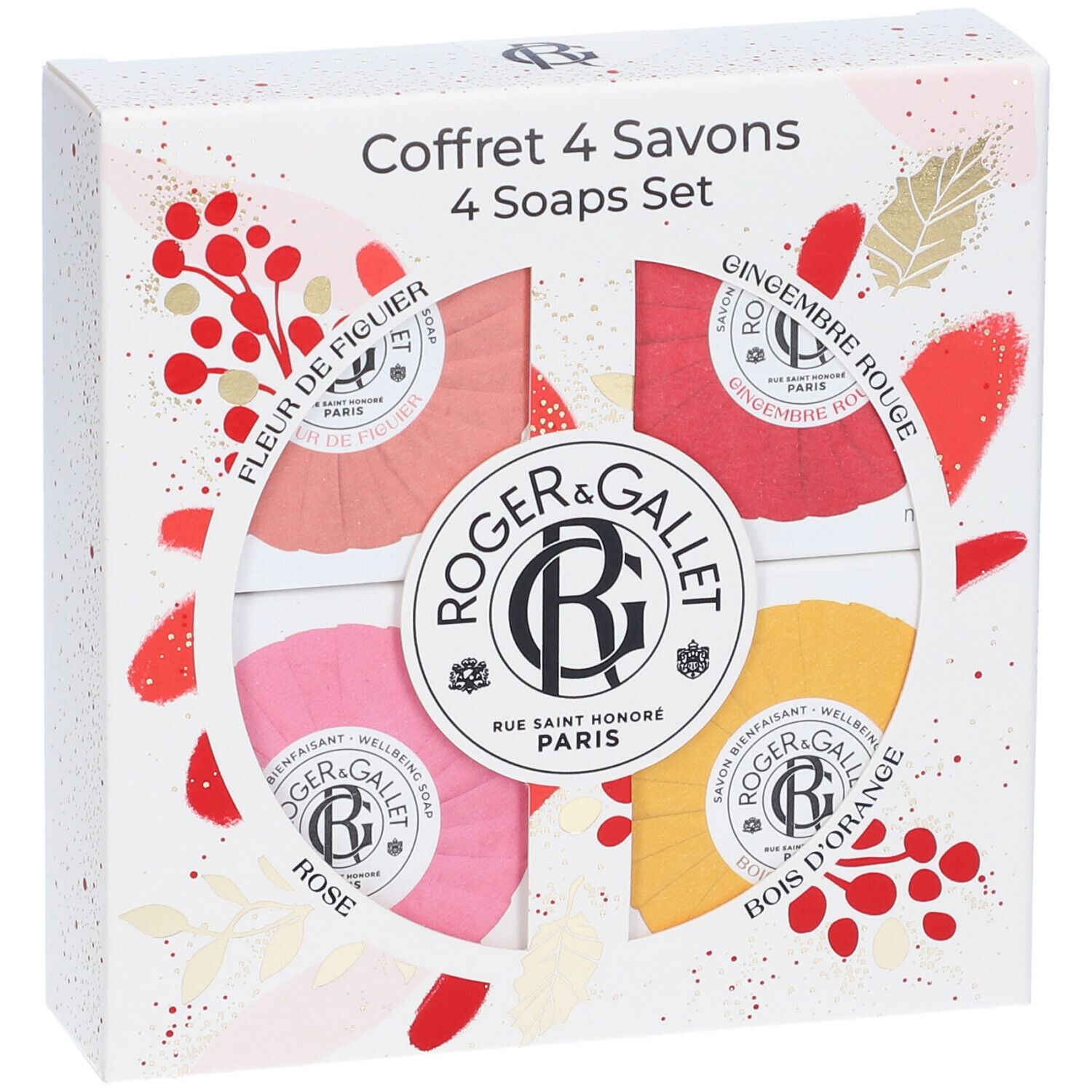 Confezione regalo con quattro saponi. Ogni sapone ha un colore e un profumo diverso: Rose, Bois d'Orange, Gingembre Rouge, Fleur de Figuier.