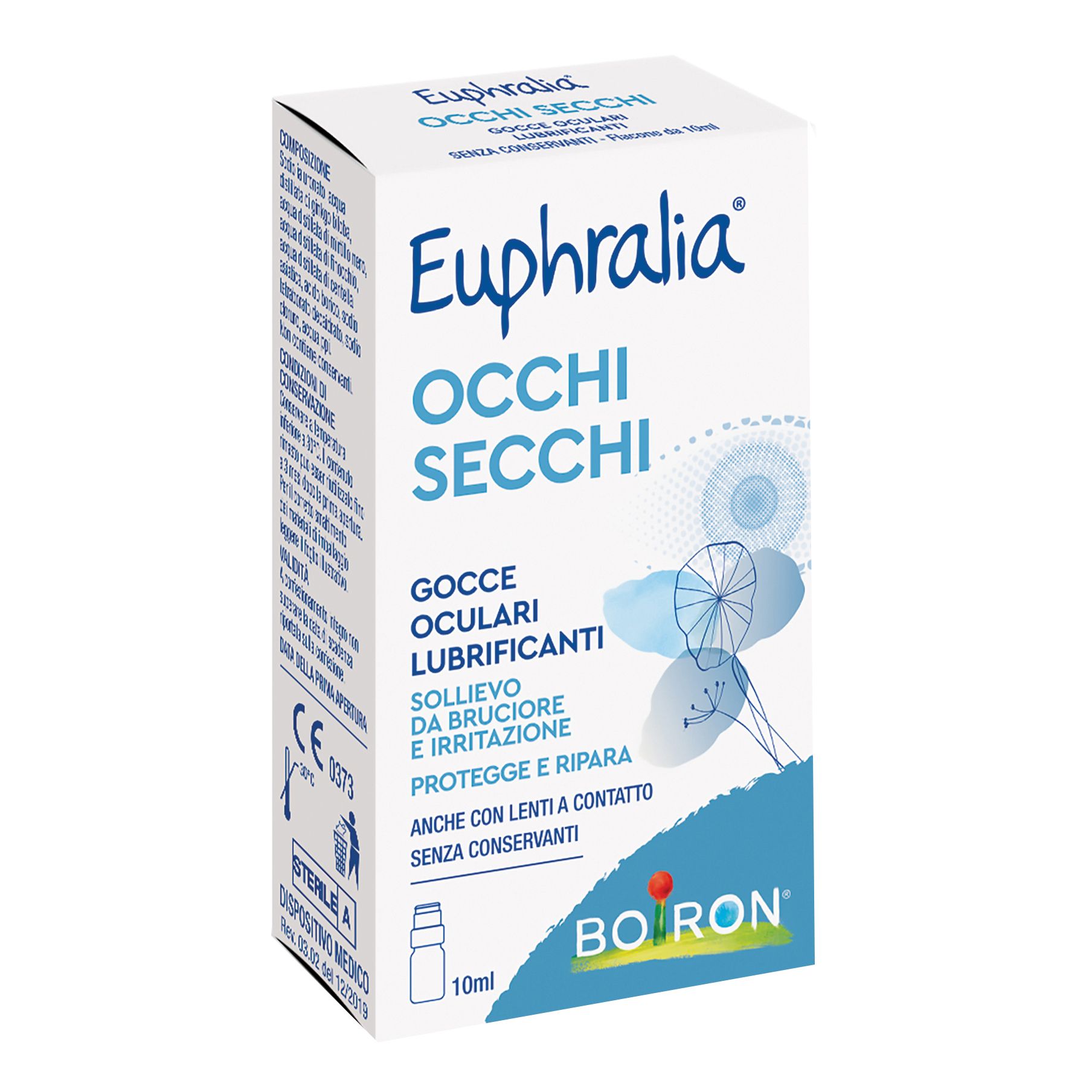 Confezione di Euphralia Occhi Secchi. Scritto: gocce oculari, allevia bruciore e irritazione. Marchio Boiron.