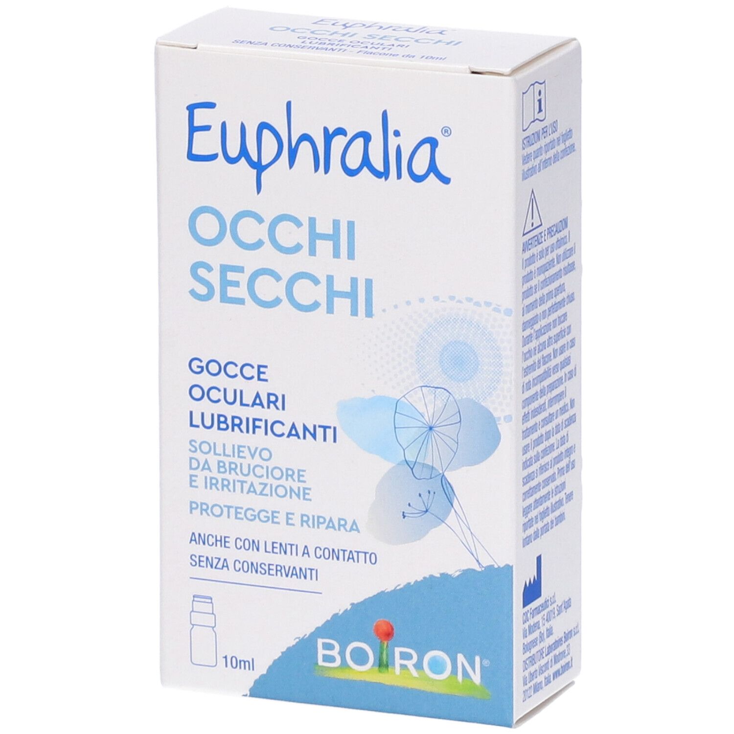 Confezione di Euphralia Occhi Secchi. Scritto: gocce oculari, allevia bruciore e irritazione. Marchio Boiron.