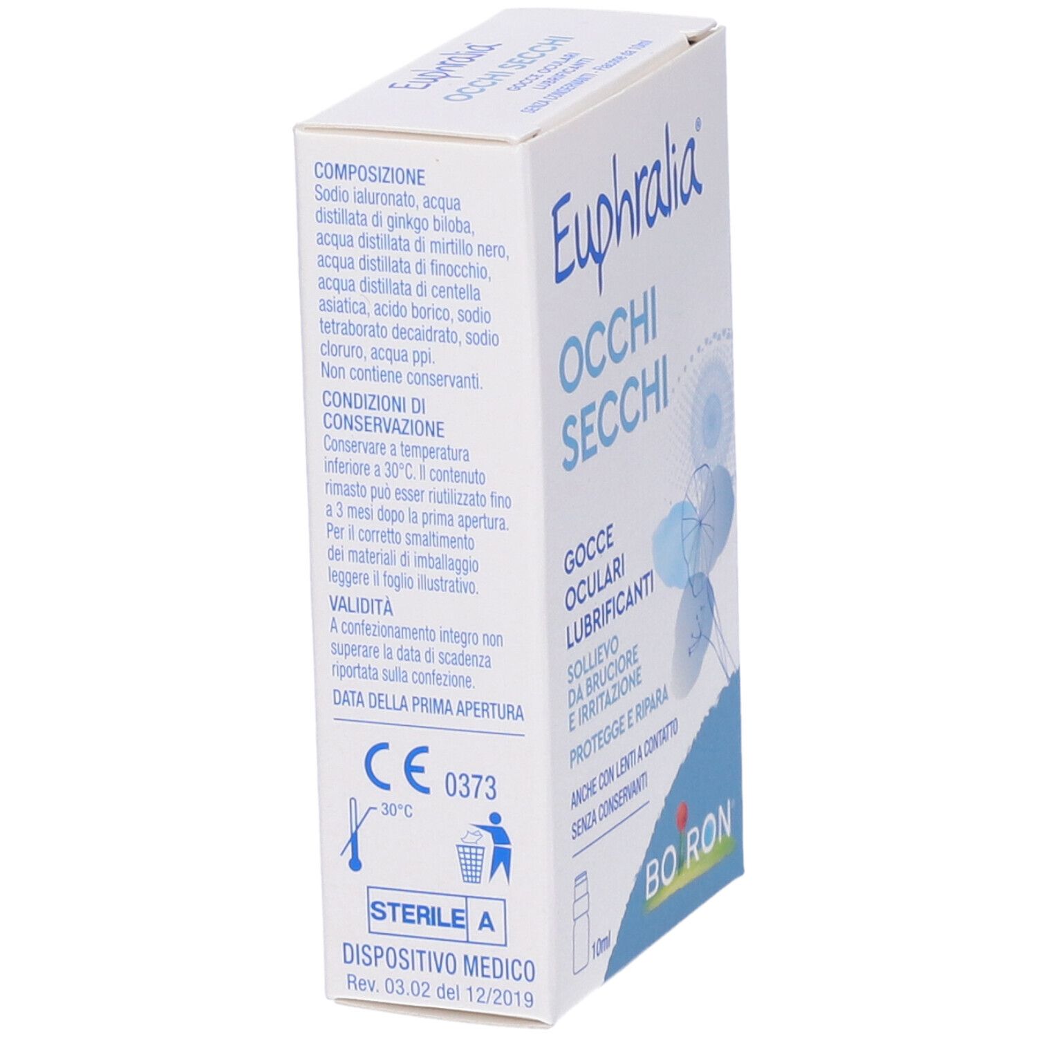 Confezione di Euphralia Occhi Secchi. Scritto: gocce oculari, allevia bruciore e irritazione. Marchio Boiron.