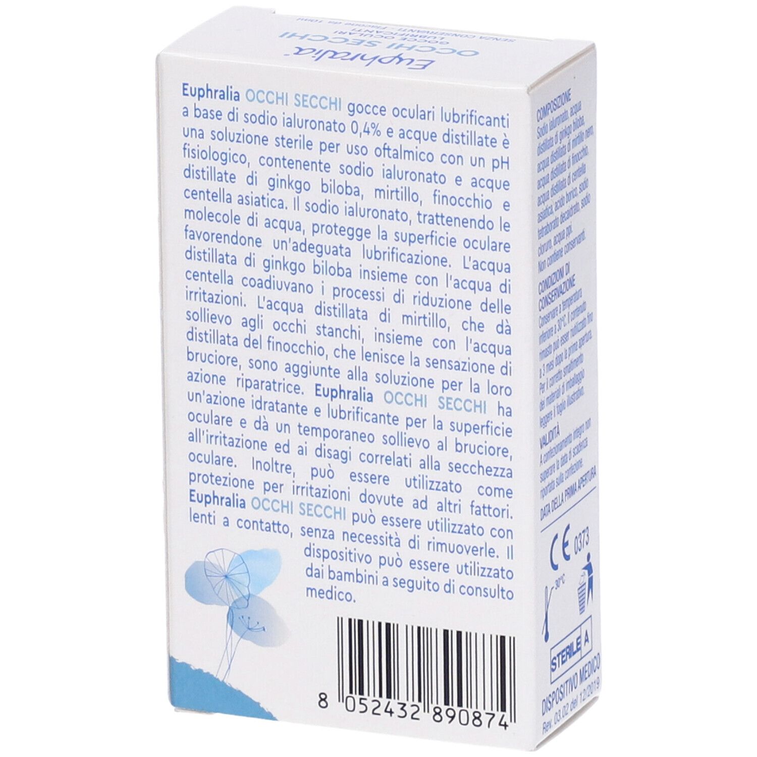 Confezione di Euphralia Occhi Secchi. Retro con ingredienti e istruzioni per l'uso. Marchio Boiron.