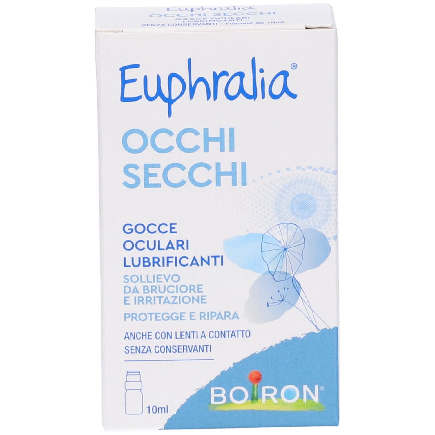 Confezione di Euphralia Occhi Secchi. Scritto: gocce oculari, allevia bruciore e irritazione. Marchio Boiron.