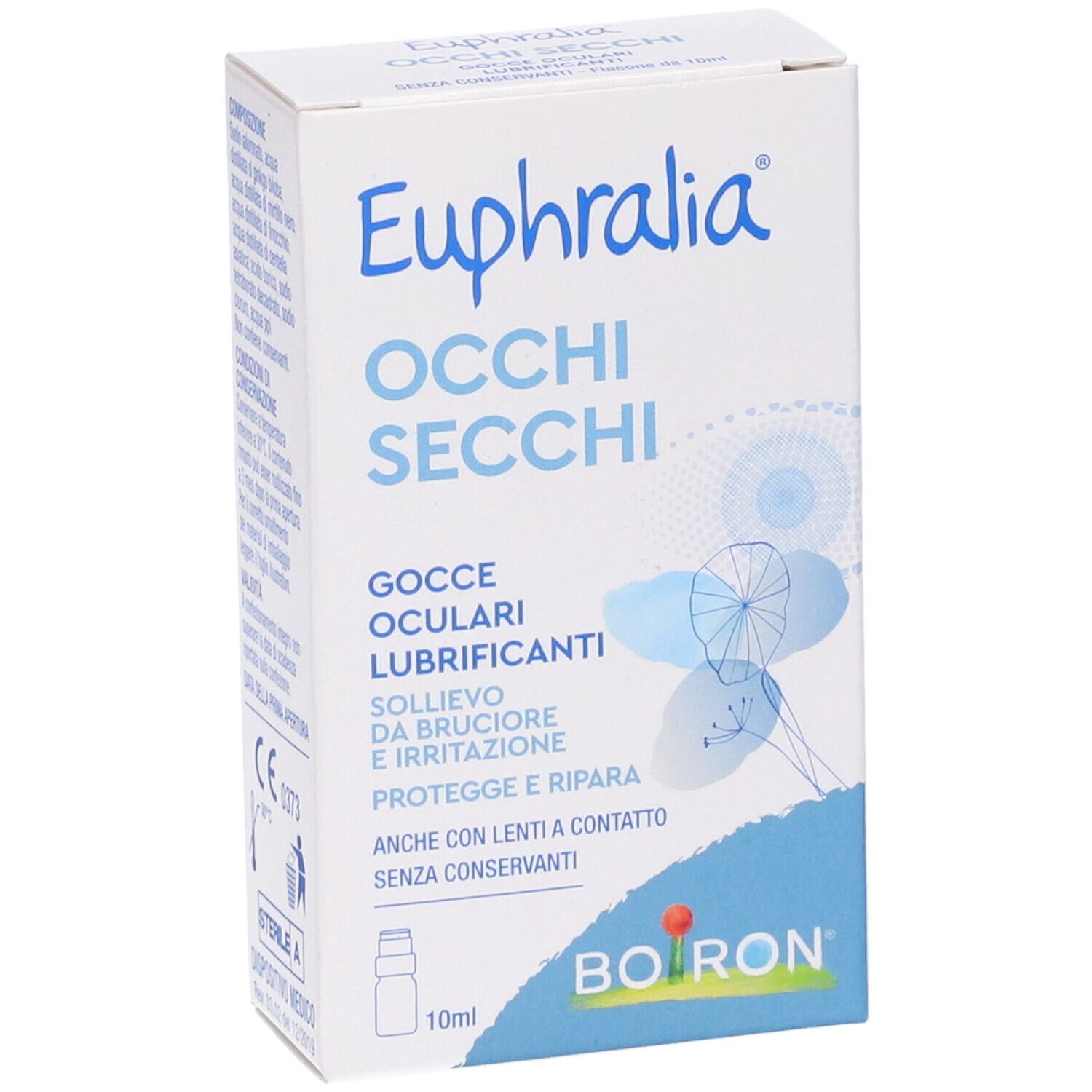 Confezione di Euphralia Occhi Secchi. Scritto: gocce oculari, allevia bruciore e irritazione. Marchio Boiron.