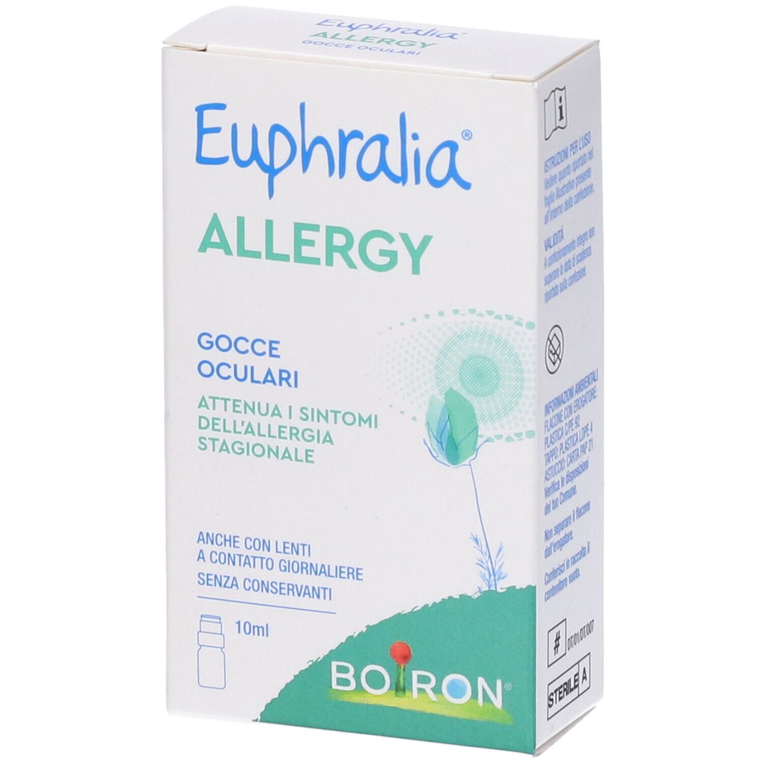 Confezione di gocce oculari Euphralia Allergy. Contiene 10ml. Marchio Boiron. Testo in italiano.