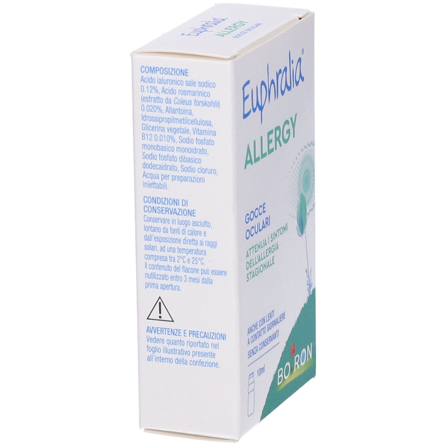 Confezione di gocce oculari Euphralia Allergy. Contiene ingredienti e precauzioni. Marchio Boiron.