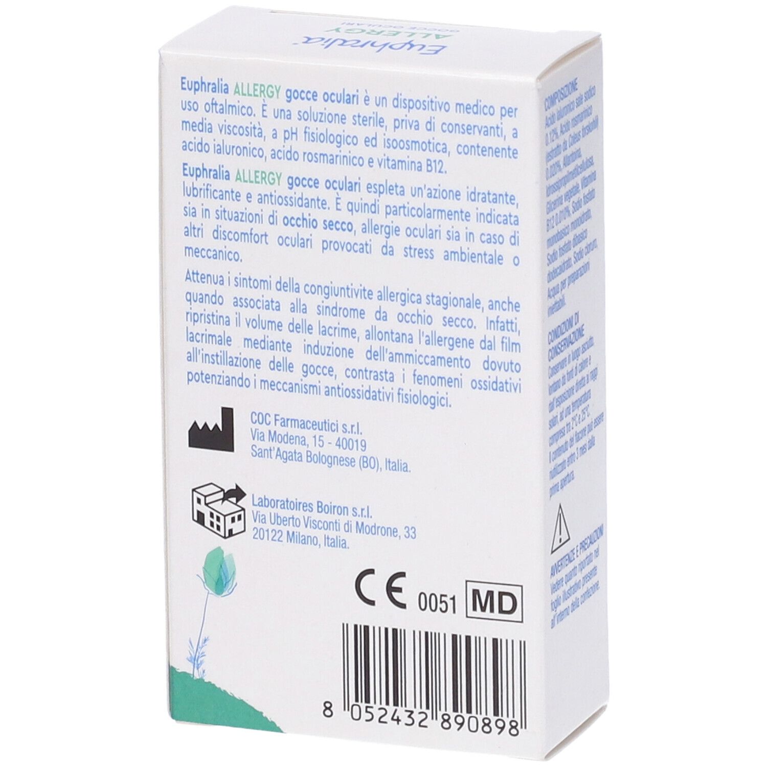 Retro della confezione di gocce oculari Euphralia Allergy. Contiene informazioni sull'uso e marchio CE.