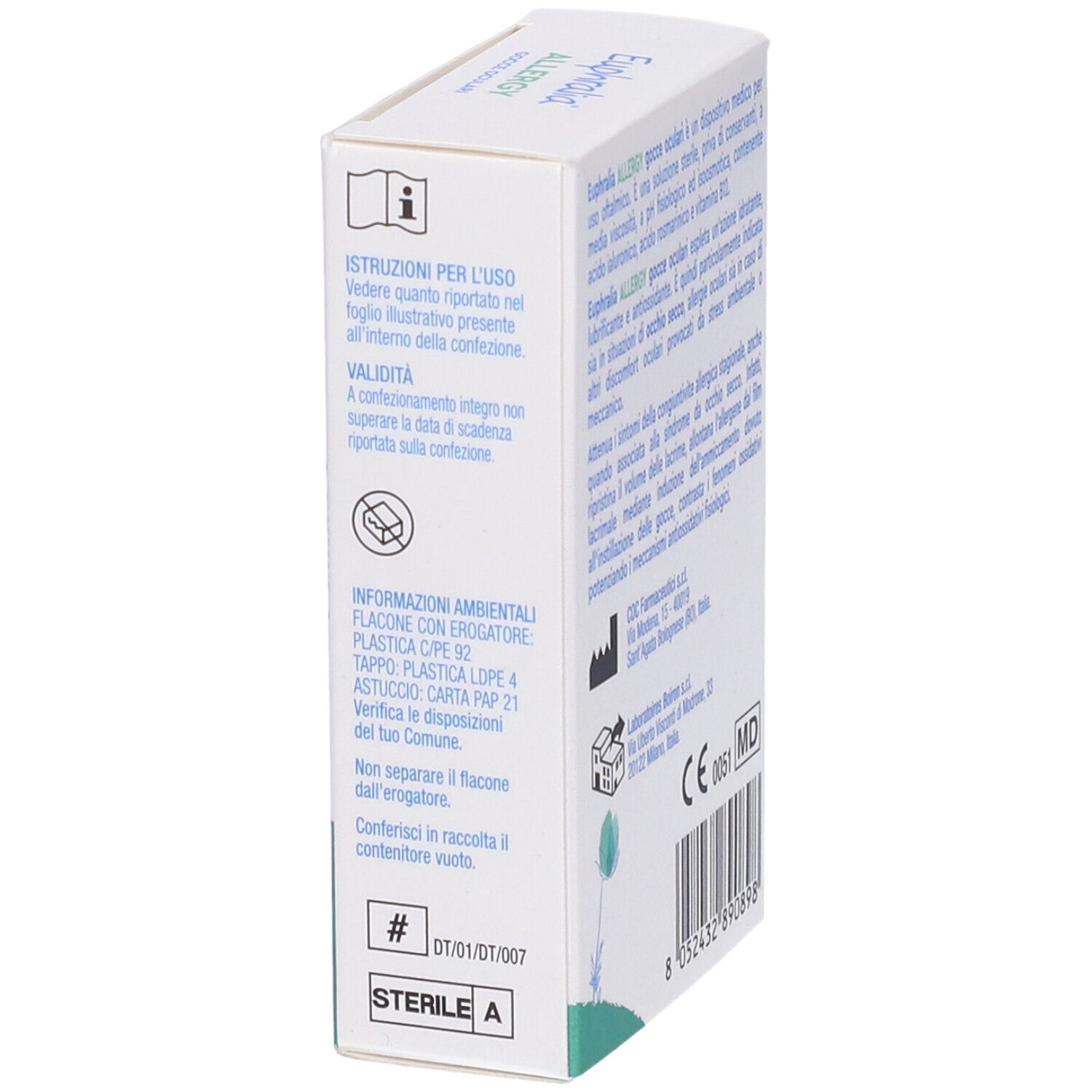 Lato della confezione di gocce oculari Euphralia Allergy. Contiene informazioni sullo smaltimento e sterilità.
